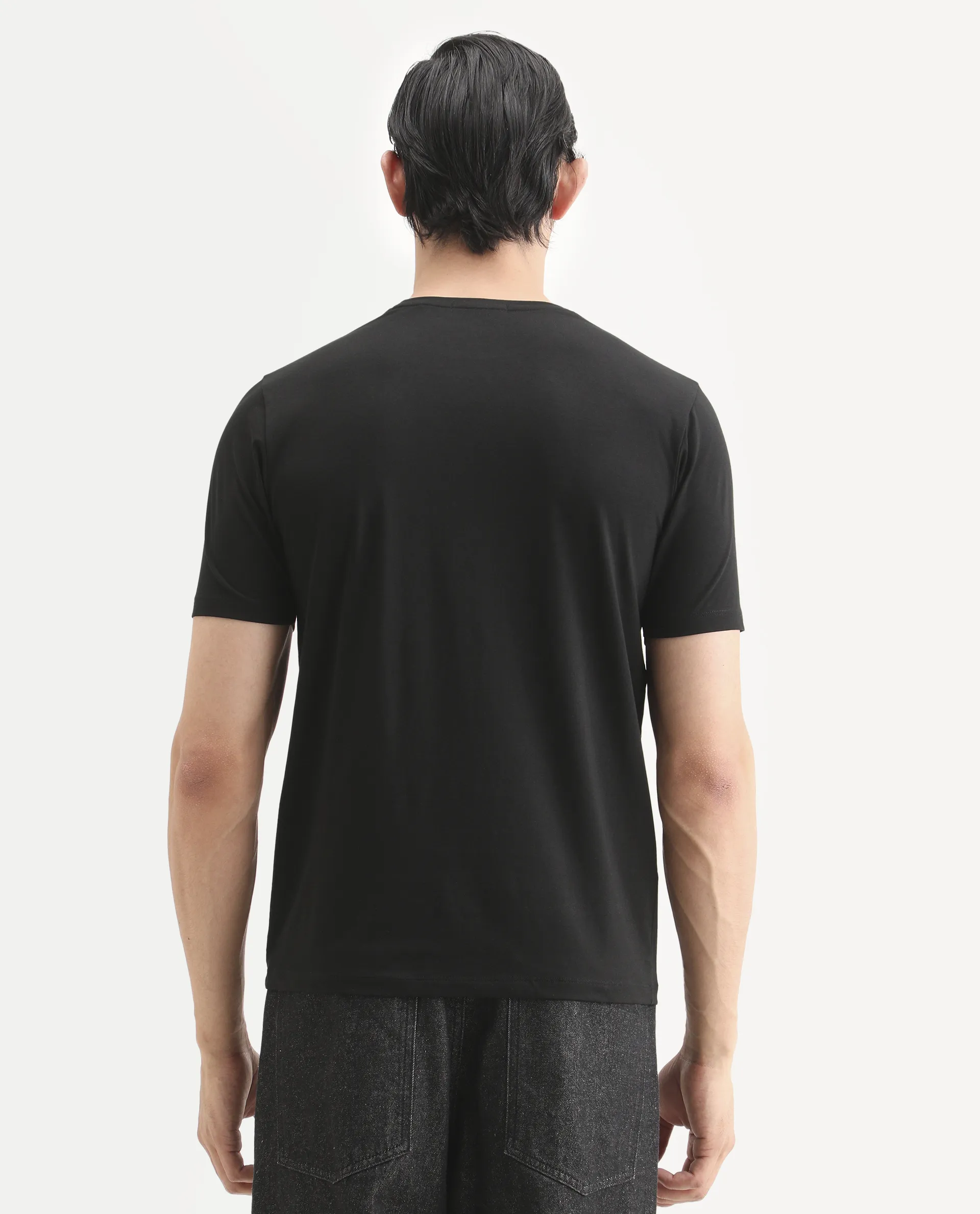 Rare Rabbit Men's Ery Black Cotton Blend Fabric Half Sleeve Crew Neck Regular Fit Puff Print T-Shirt - Image 7