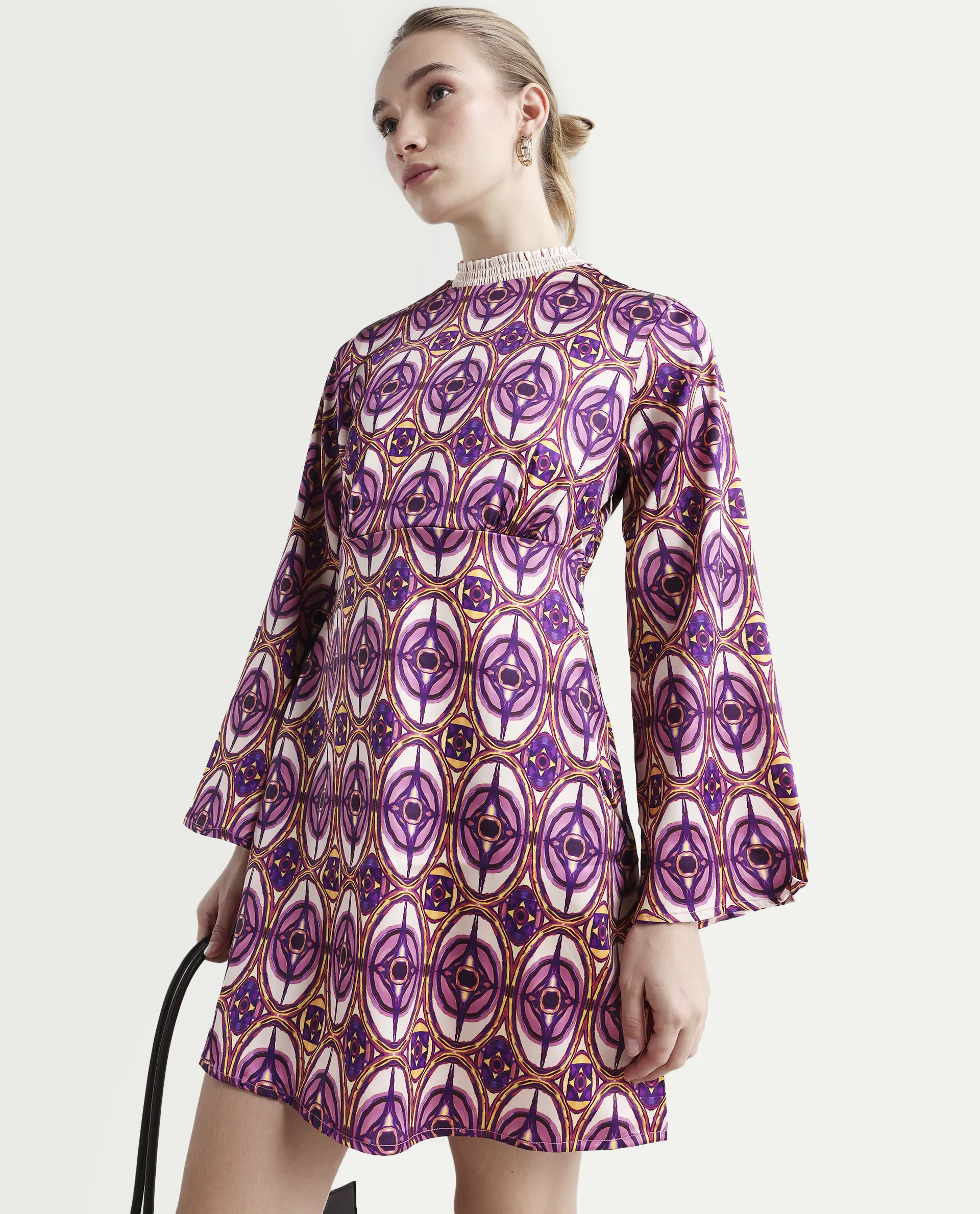 Rareism Women's Erzurum Multi Cotton Sweetheart Neck Abstract Print Bell Sleeve Knee Length Flared Dress