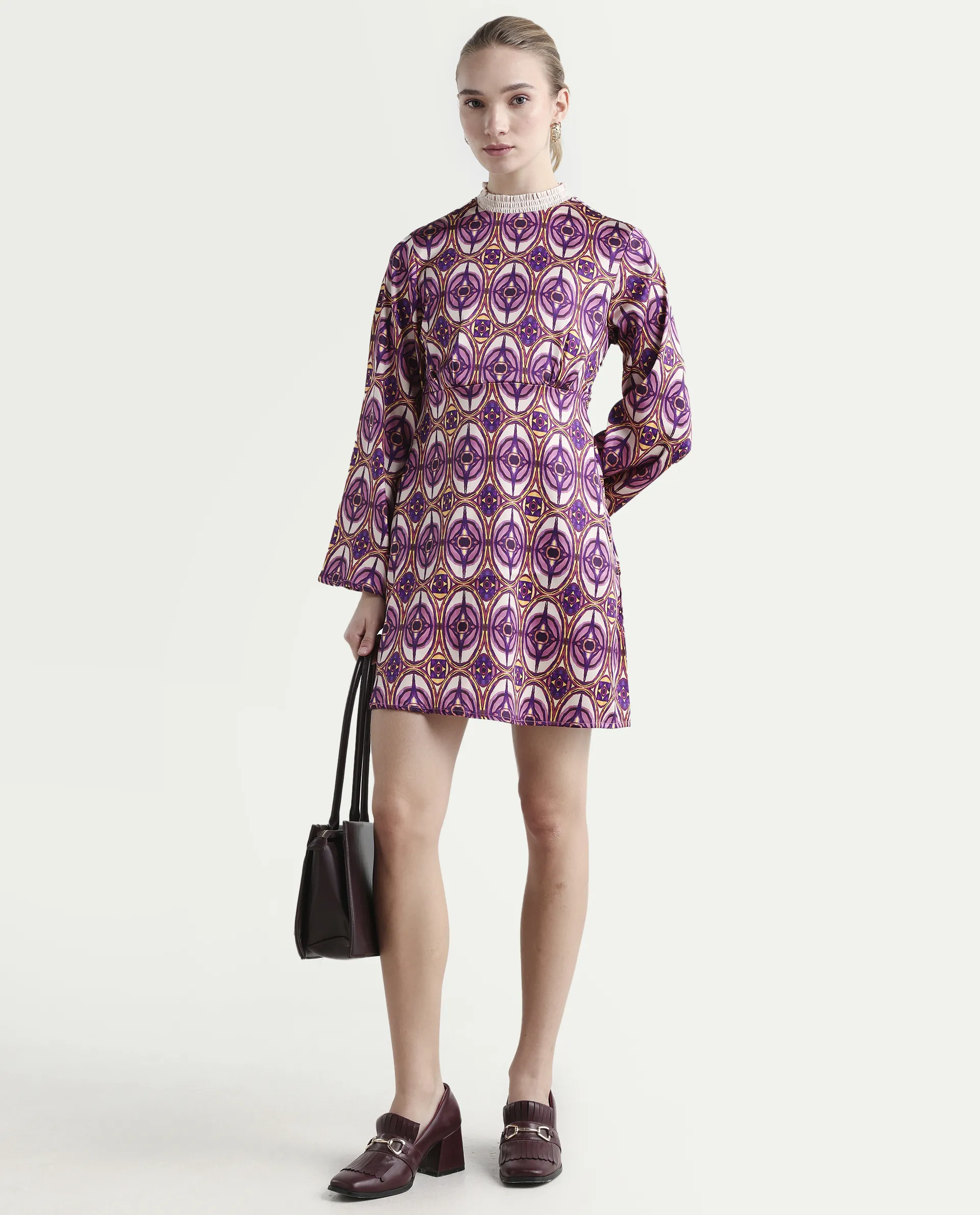 Rareism Women's Erzurum Multi Cotton Sweetheart Neck Abstract Print Bell Sleeve Knee Length Flared Dress - Image 2