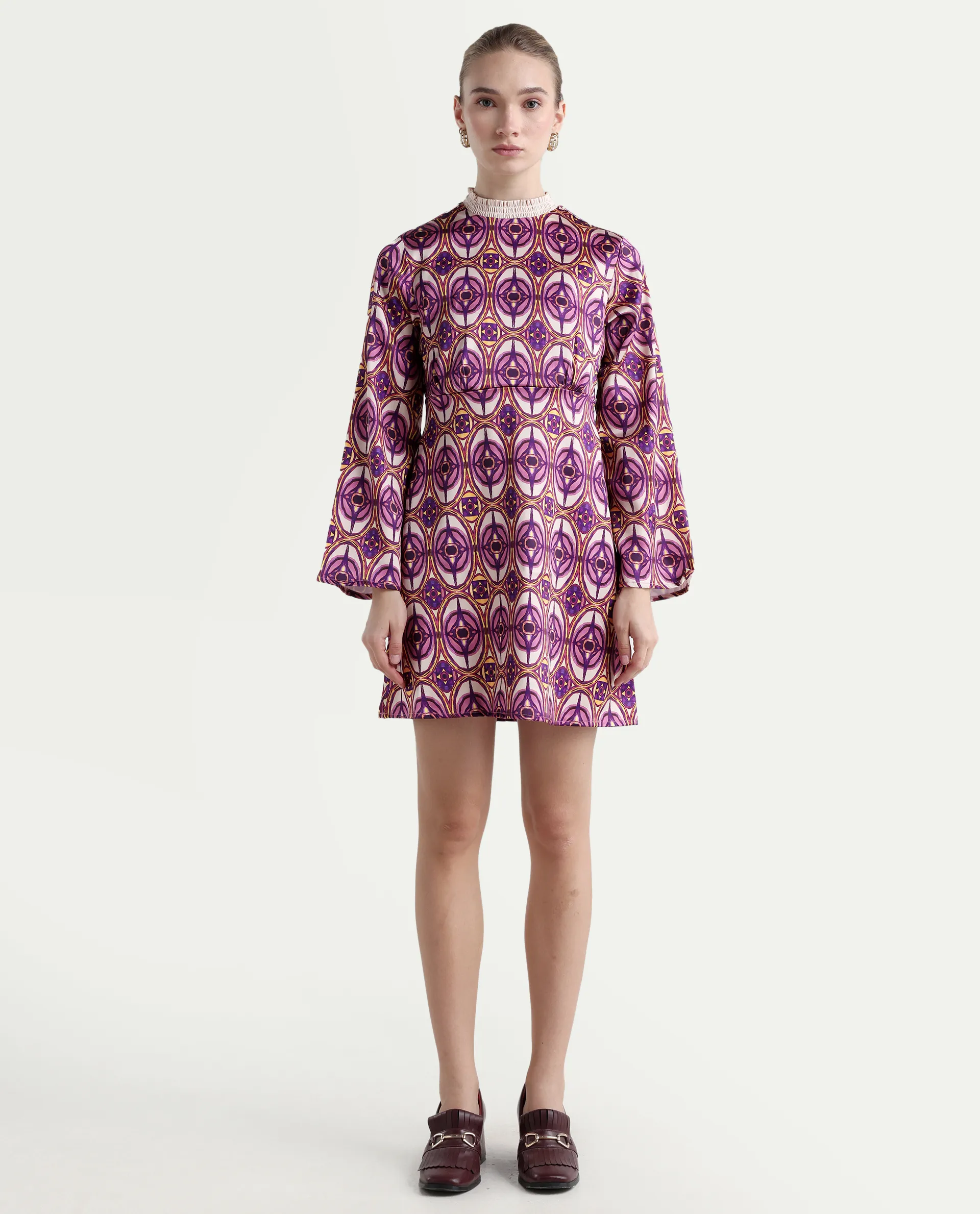Rareism Women's Erzurum Multi Cotton Sweetheart Neck Abstract Print Bell Sleeve Knee Length Flared Dress - Image 3
