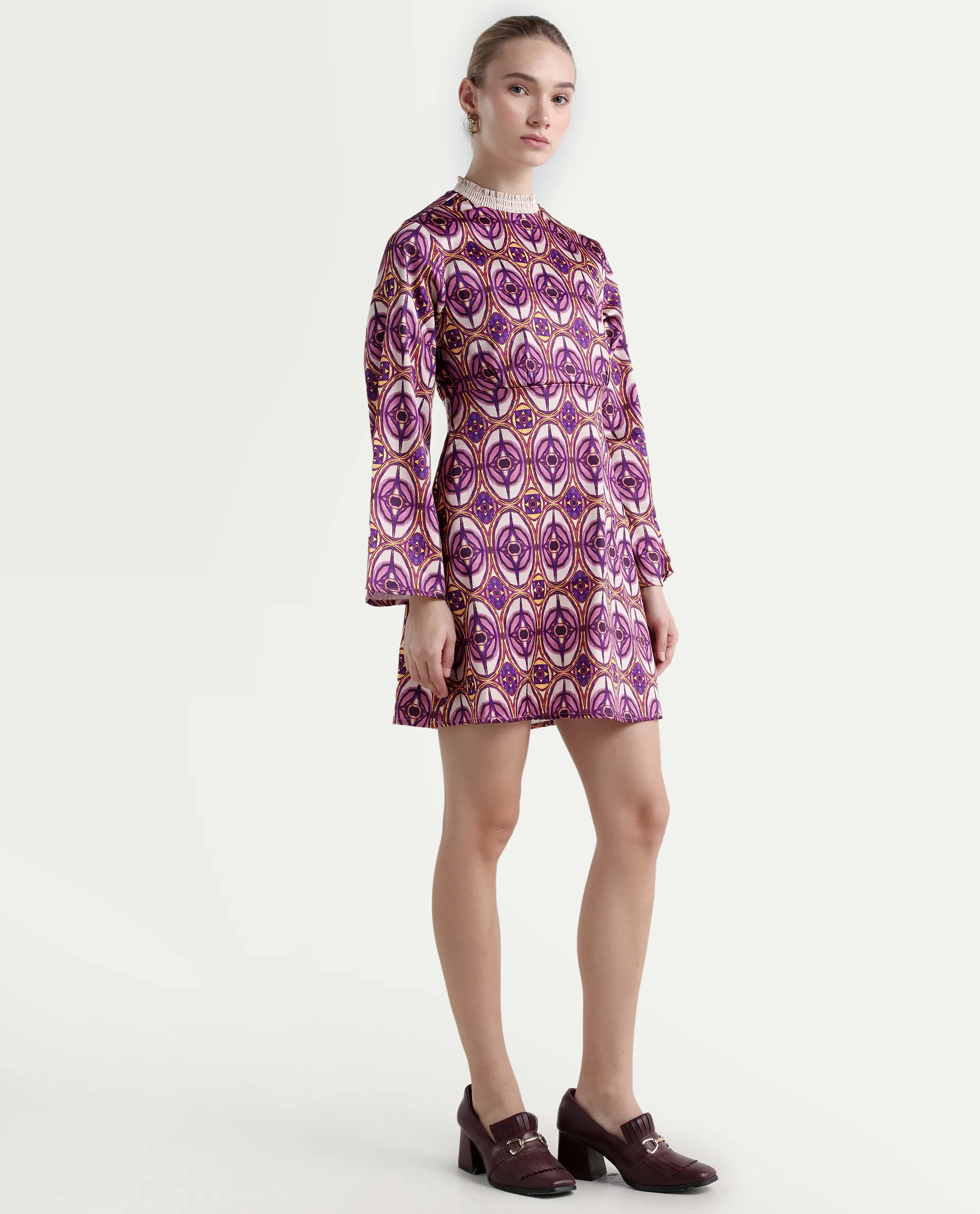 Rareism Women's Erzurum Multi Cotton Sweetheart Neck Abstract Print Bell Sleeve Knee Length Flared Dress - Image 6