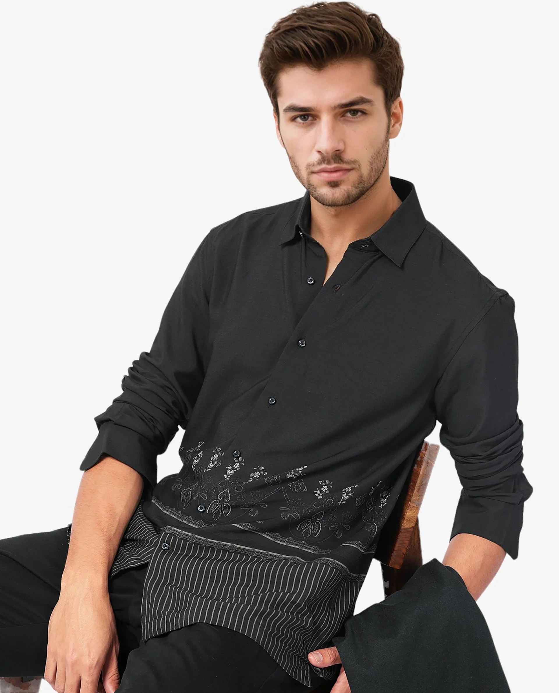 Rare Rabbit Men's Esco Black Viscose Floral Print Regular Fit Full Sleeve Collared Shirt