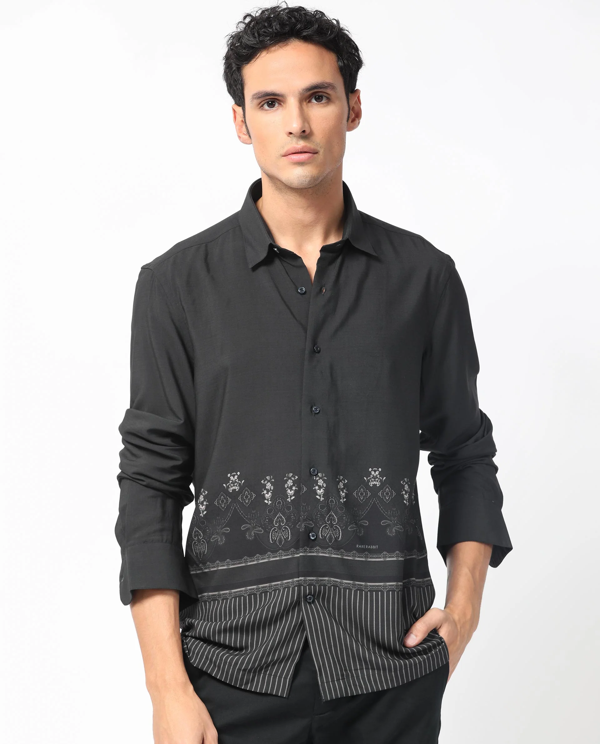 Rare Rabbit Men's Esco Black Viscose Floral Print Regular Fit Full Sleeve Collared Shirt - Image 2