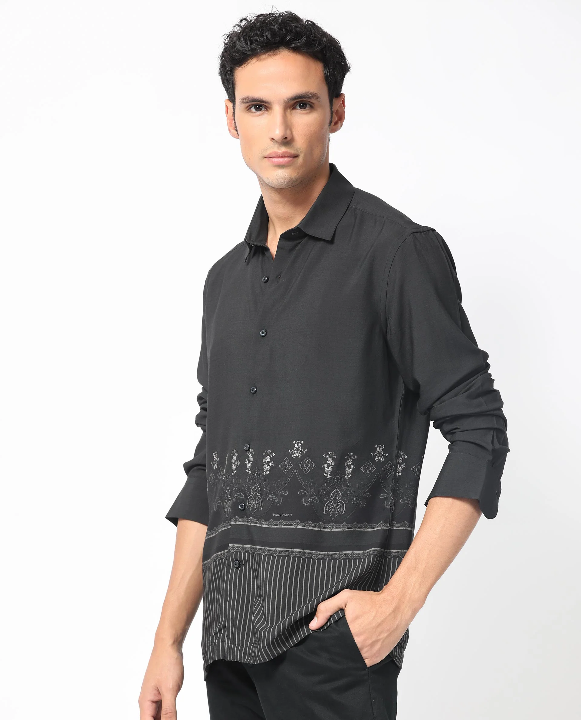 Rare Rabbit Men's Esco Black Viscose Floral Print Regular Fit Full Sleeve Collared Shirt - Image 3