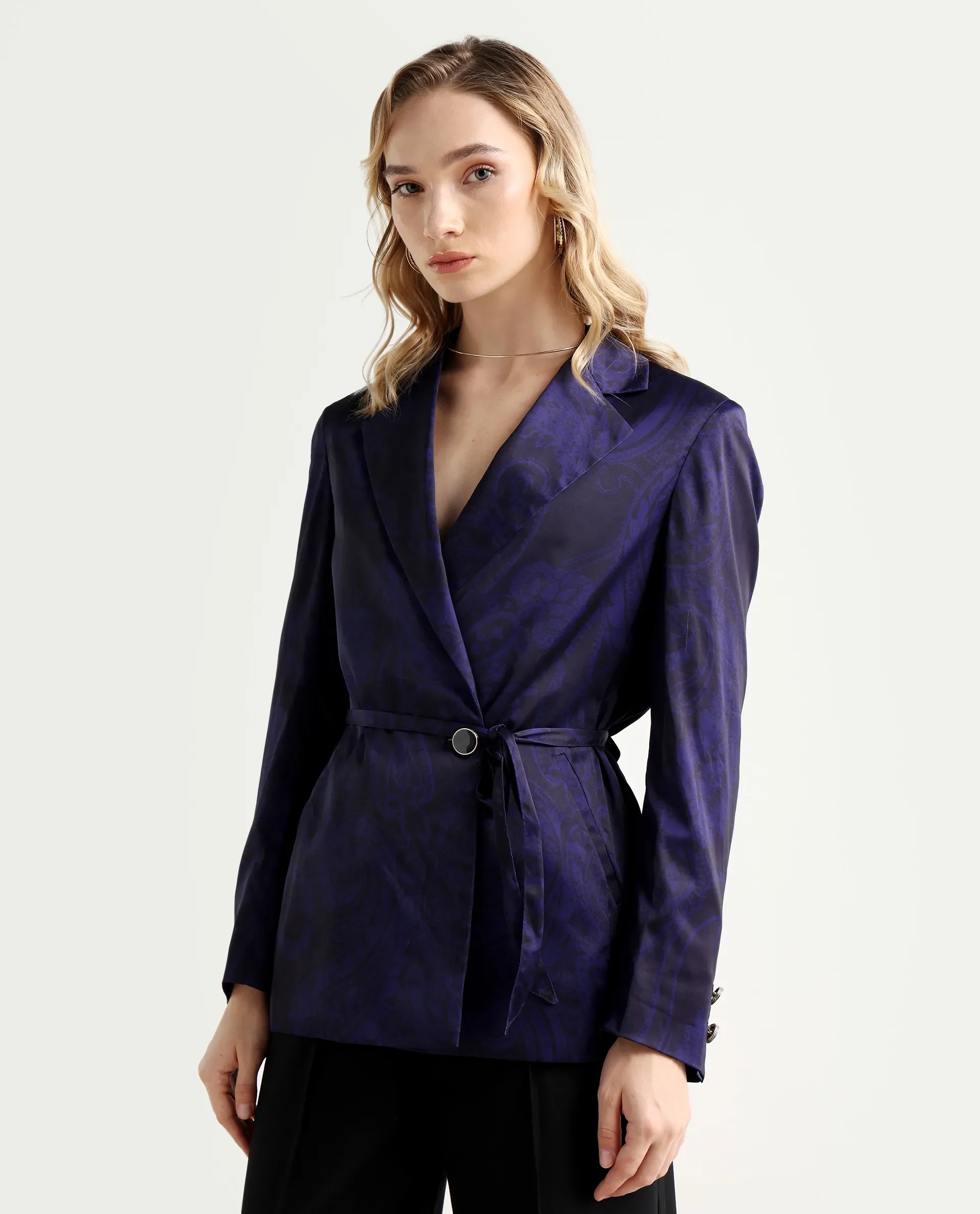 Rareism Women's Esena Dark Navy Polyester Lapel Neck Abstract Print Tailored Blazer - Image 6