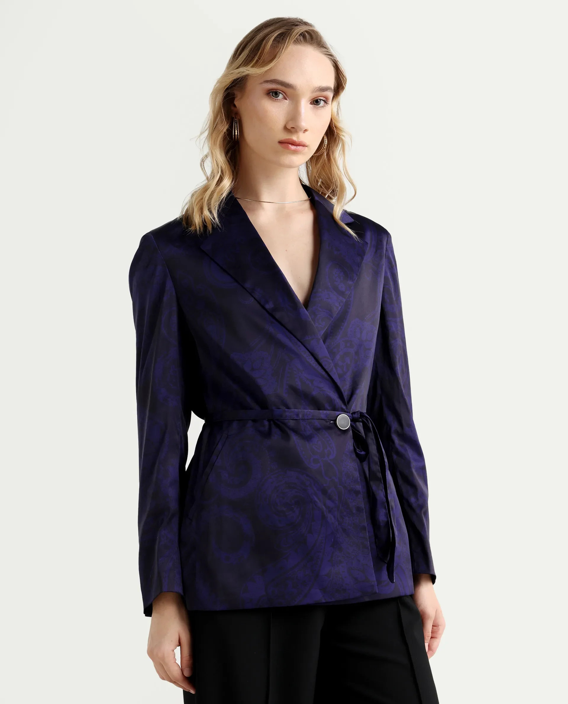 Rareism Women's Esena Dark Navy Polyester Lapel Neck Abstract Print Tailored Blazer - Image 7