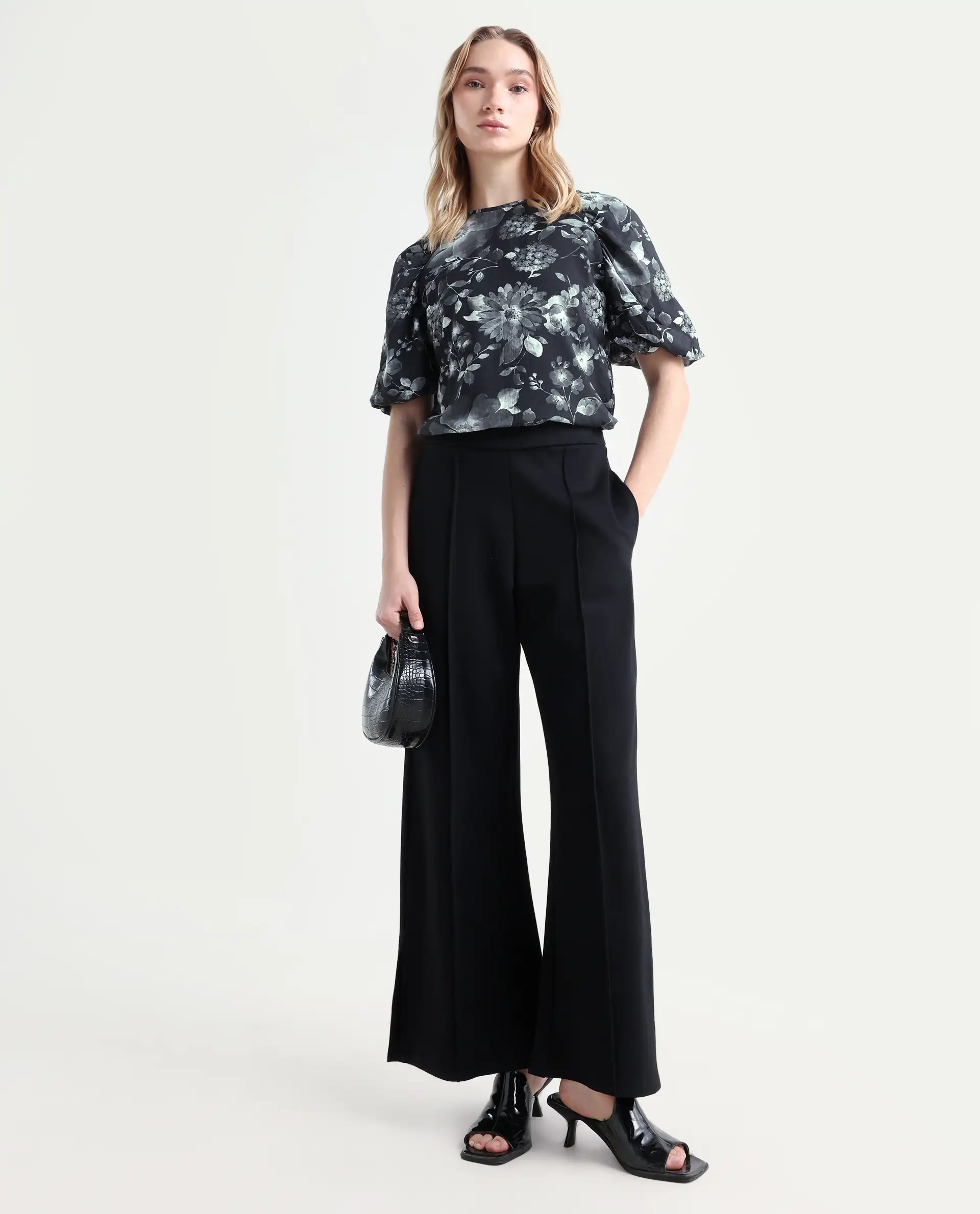 Rareism Women's Esme Black Viscose Crew Neck Floral Print Puff Sleeves Crop Regular Fit Top - Image 2