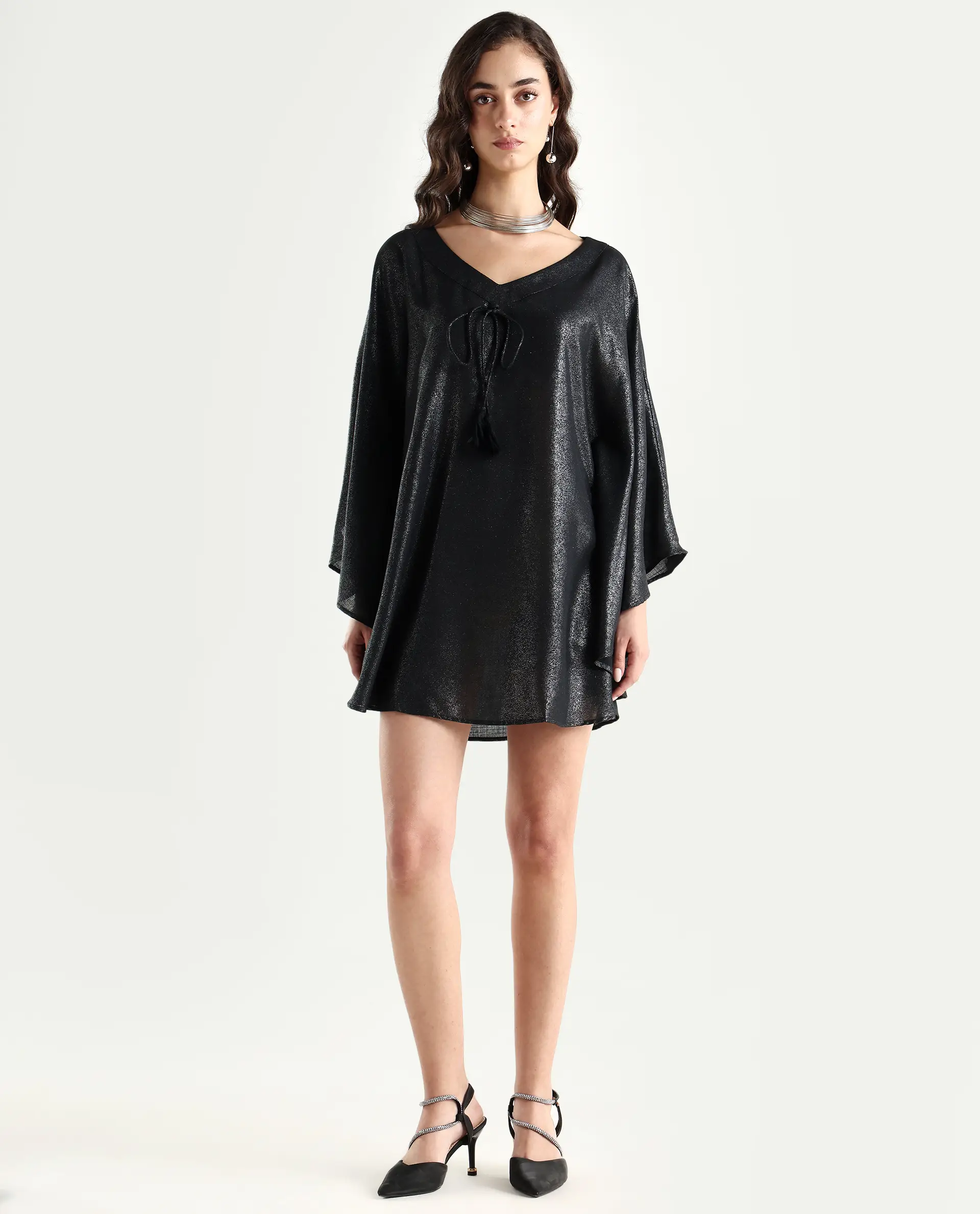 Rareism Women's Esmese Black Polyester V-Neck Plain Extended Sleeves Mini Relaxed Fit Dress - Image 2