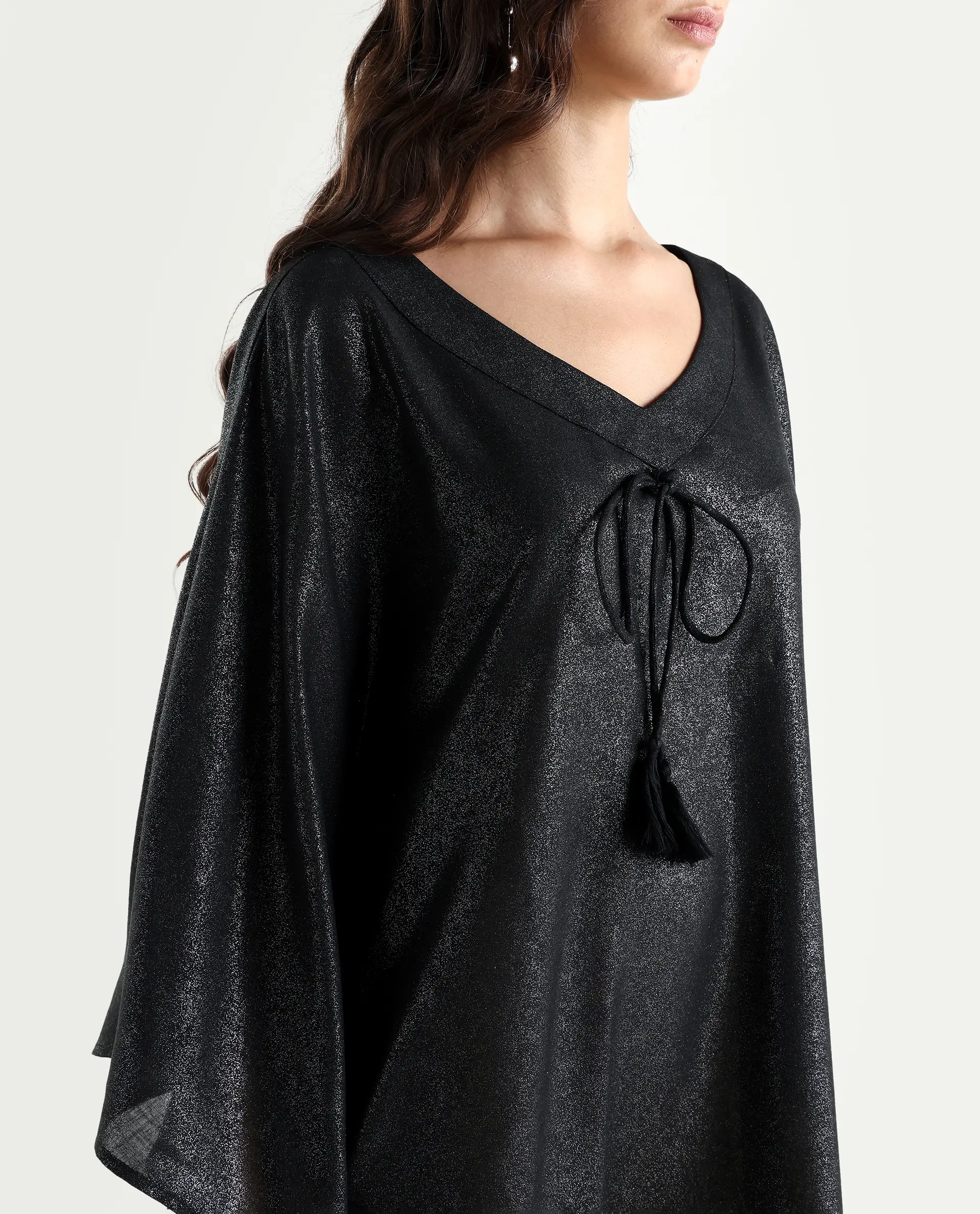 Rareism Women's Esmese Black Polyester V-Neck Plain Extended Sleeves Mini Relaxed Fit Dress - Image 3