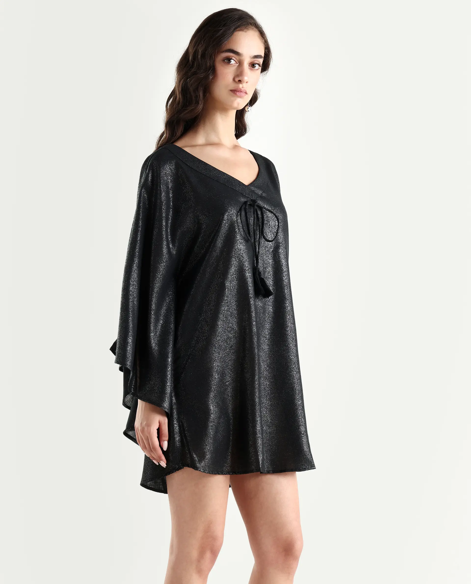 Rareism Women's Esmese Black Polyester V-Neck Plain Extended Sleeves Mini Relaxed Fit Dress - Image 4