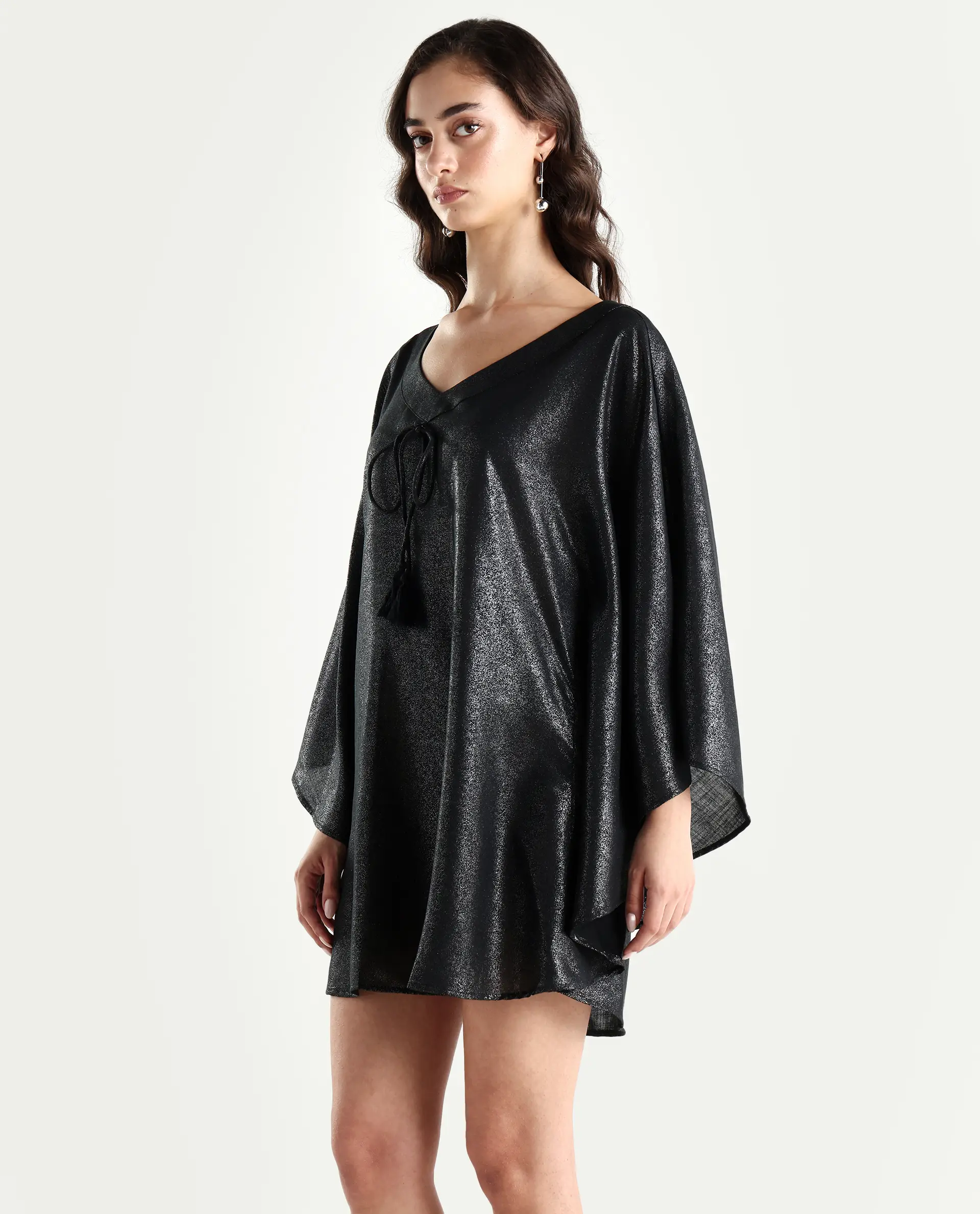 Rareism Women's Esmese Black Polyester V-Neck Plain Extended Sleeves Mini Relaxed Fit Dress - Image 5