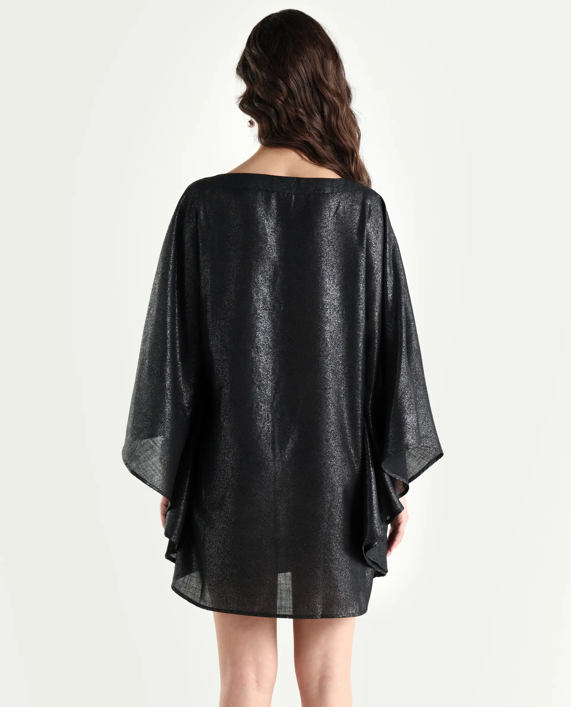 Rareism Women's Esmese Black Polyester V-Neck Plain Extended Sleeves Mini Relaxed Fit Dress - Image 6