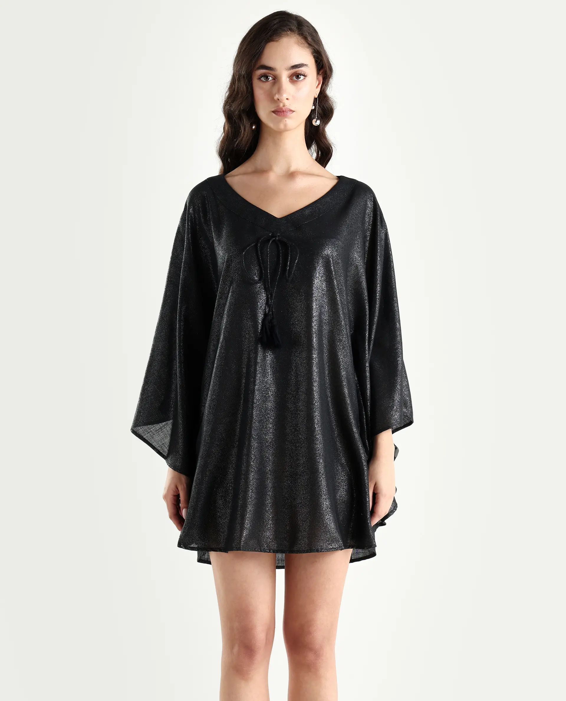 Rareism Women's Esmese Black Polyester V-Neck Plain Extended Sleeves Mini Relaxed Fit Dress - Image 7