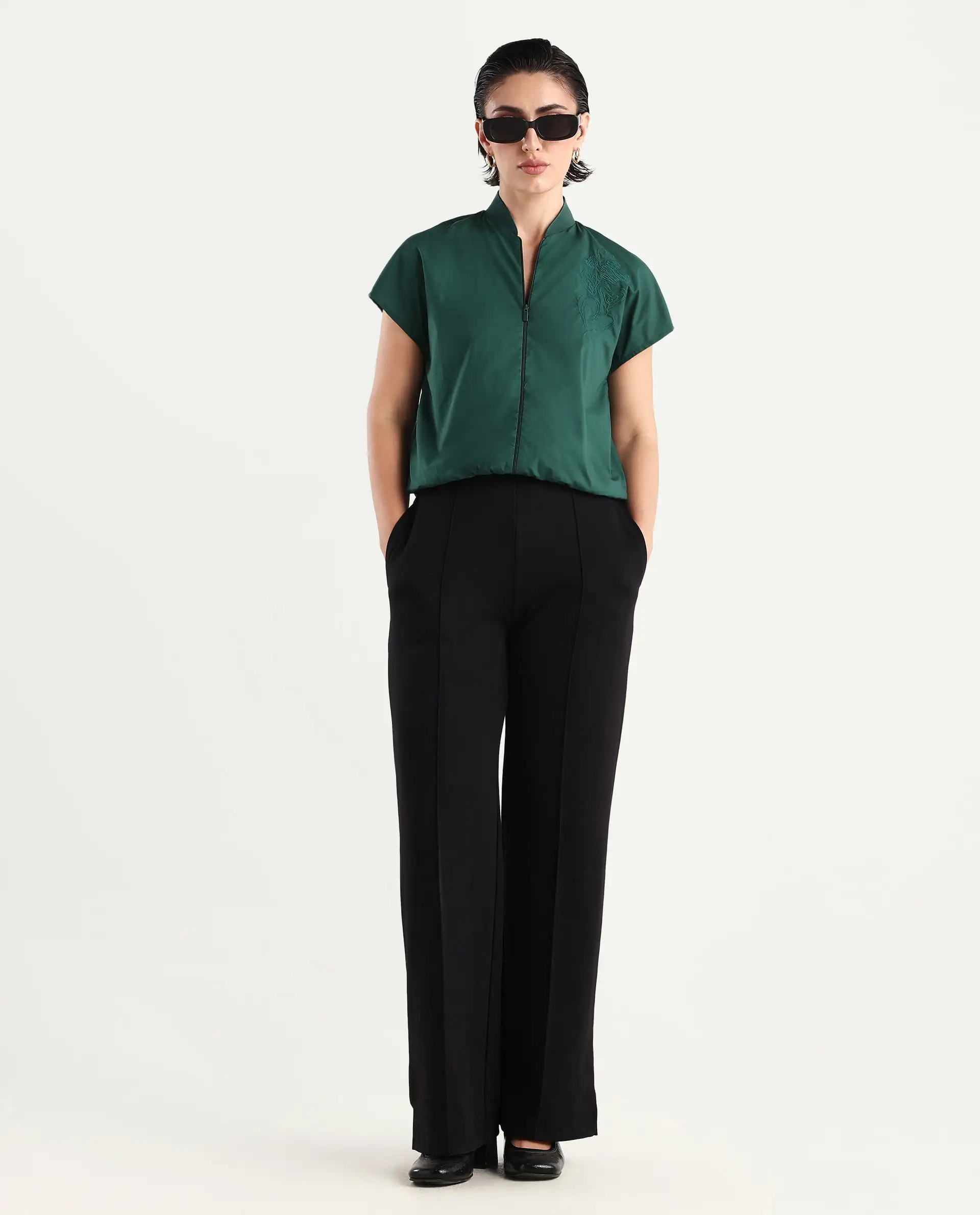 Rareism Women's Esmetu Dark Green Cotton Ribbed Collar Embroidered Extended Sleeves Regular Fit Top - Image 2