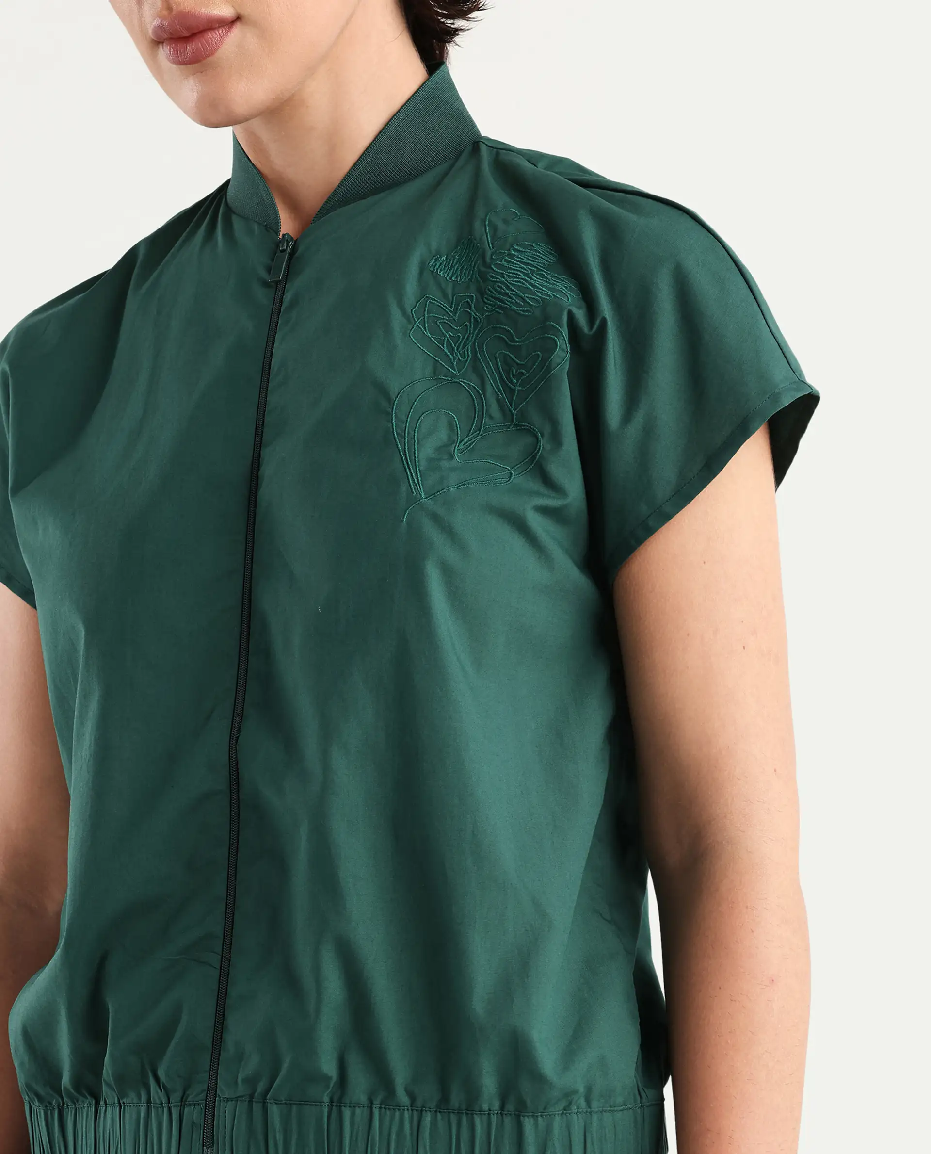 Rareism Women's Esmetu Dark Green Cotton Ribbed Collar Embroidered Extended Sleeves Regular Fit Top - Image 3