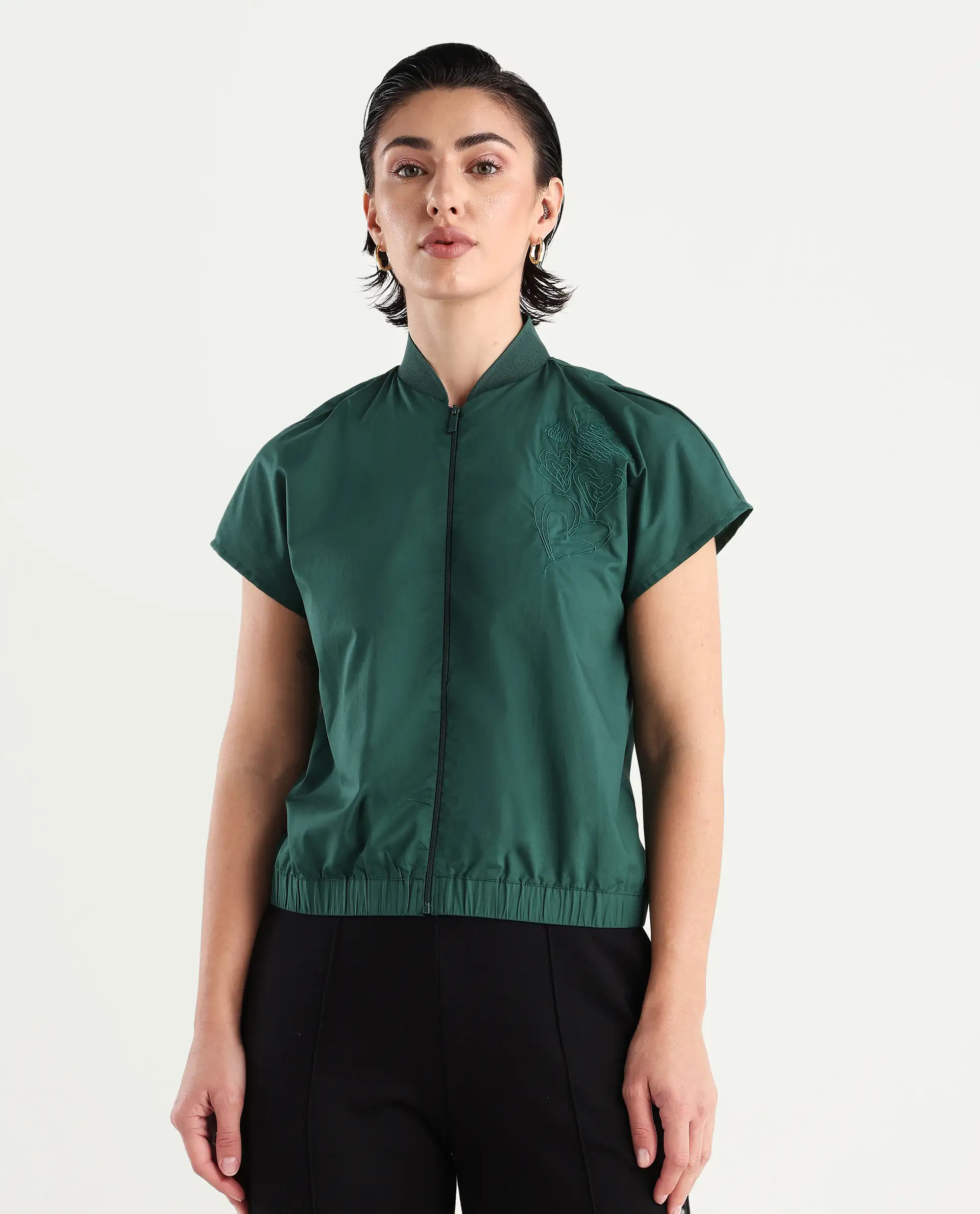 Rareism Women's Esmetu Dark Green Cotton Ribbed Collar Embroidered Extended Sleeves Regular Fit Top - Image 4