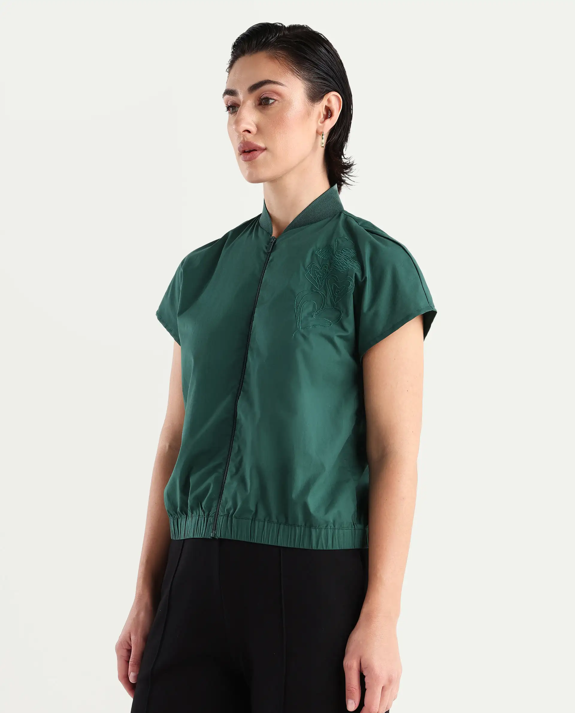 Rareism Women's Esmetu Dark Green Cotton Ribbed Collar Embroidered Extended Sleeves Regular Fit Top - Image 5