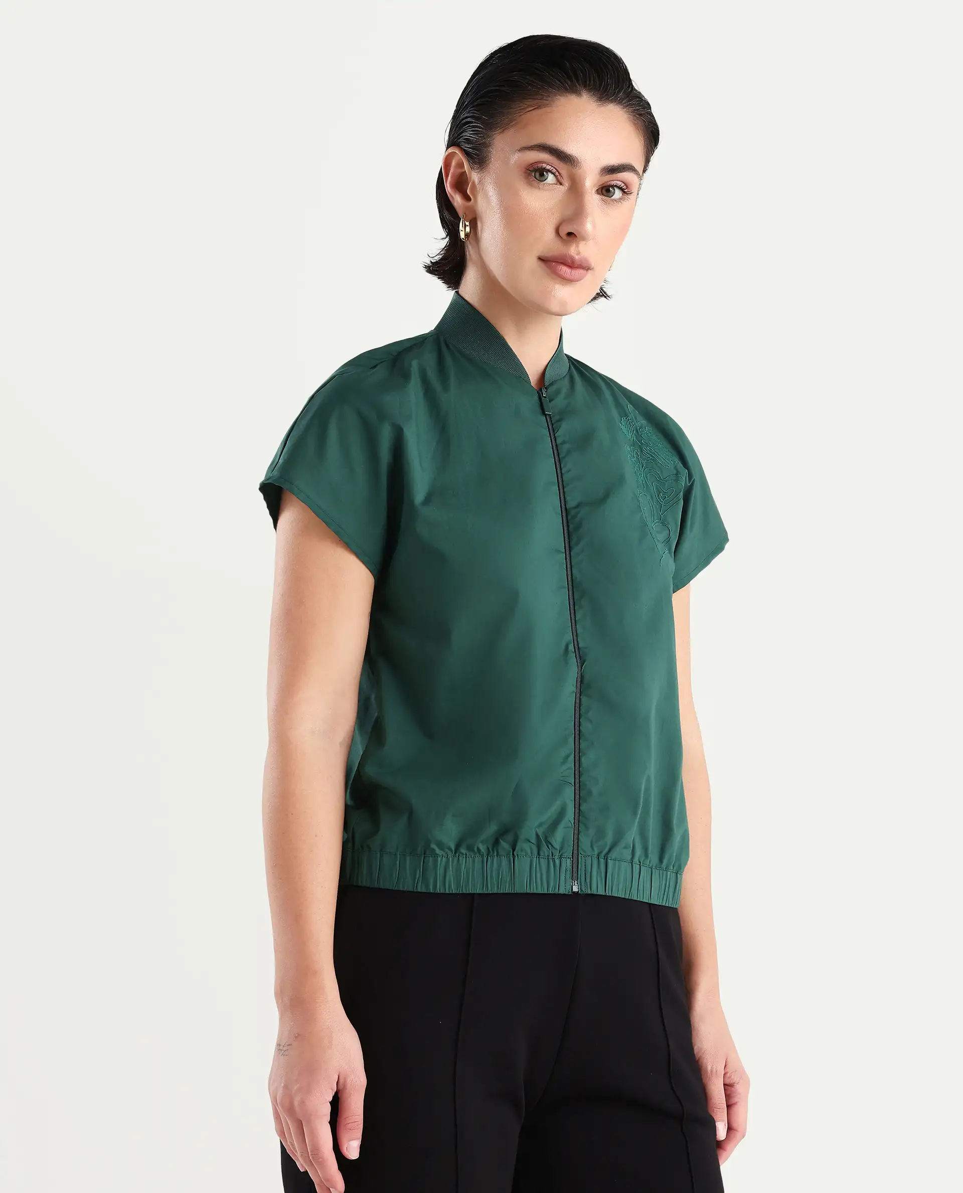 Rareism Women's Esmetu Dark Green Cotton Ribbed Collar Embroidered Extended Sleeves Regular Fit Top - Image 6