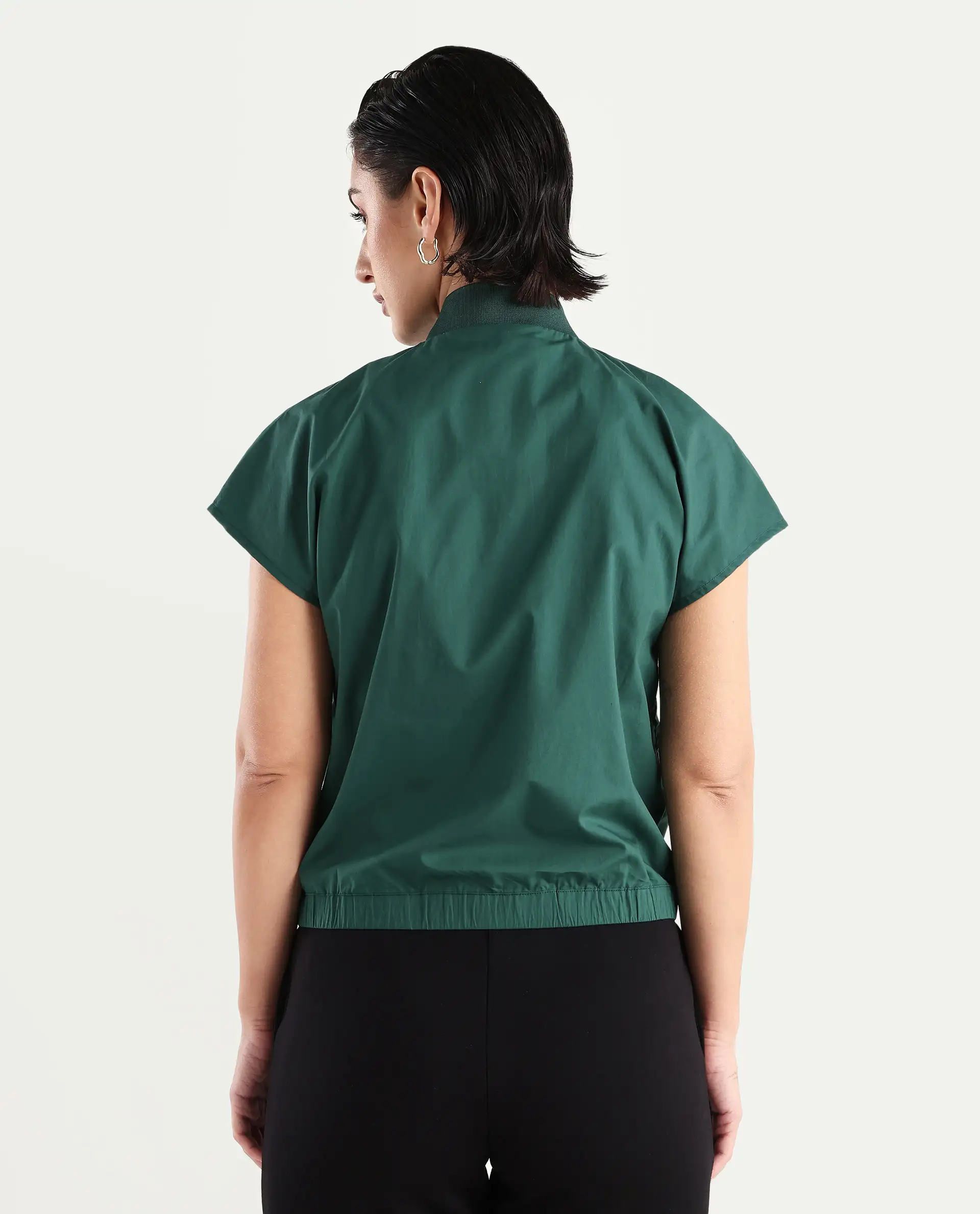 Rareism Women's Esmetu Dark Green Cotton Ribbed Collar Embroidered Extended Sleeves Regular Fit Top - Image 7