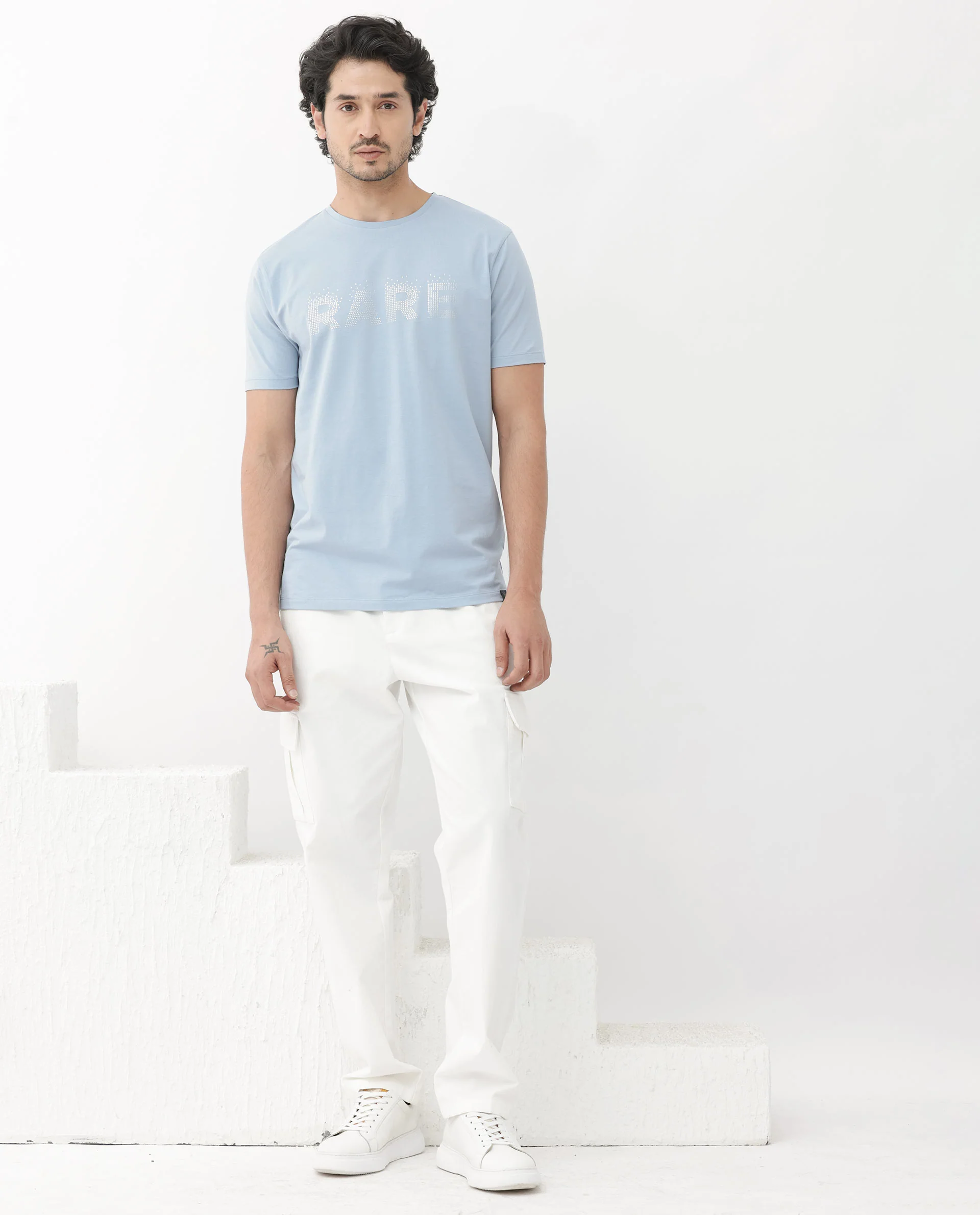 Rare Rabbit Men's Eso Light Blue Cotton Blend Graphic Print Regular Fit Half Sleeve Crew Neck T-Shirt - Image 2