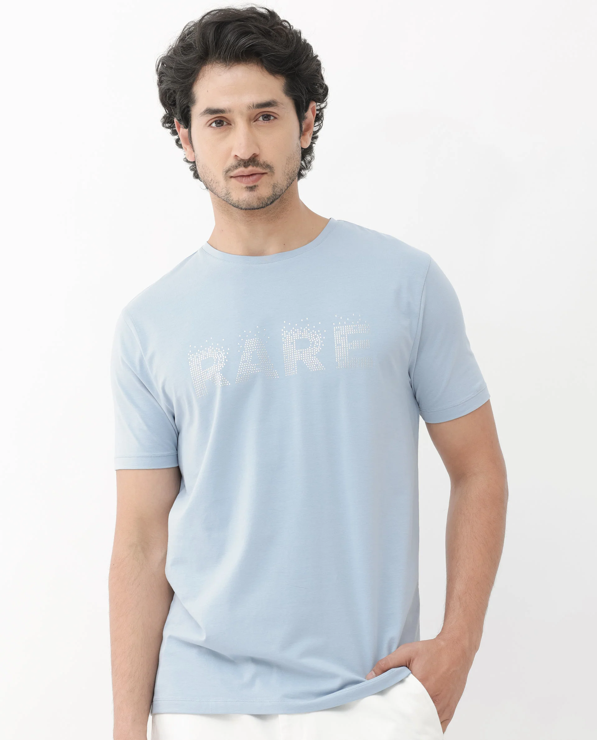Rare Rabbit Men's Eso Light Blue Cotton Blend Graphic Print Regular Fit Half Sleeve Crew Neck T-Shirt - Image 3