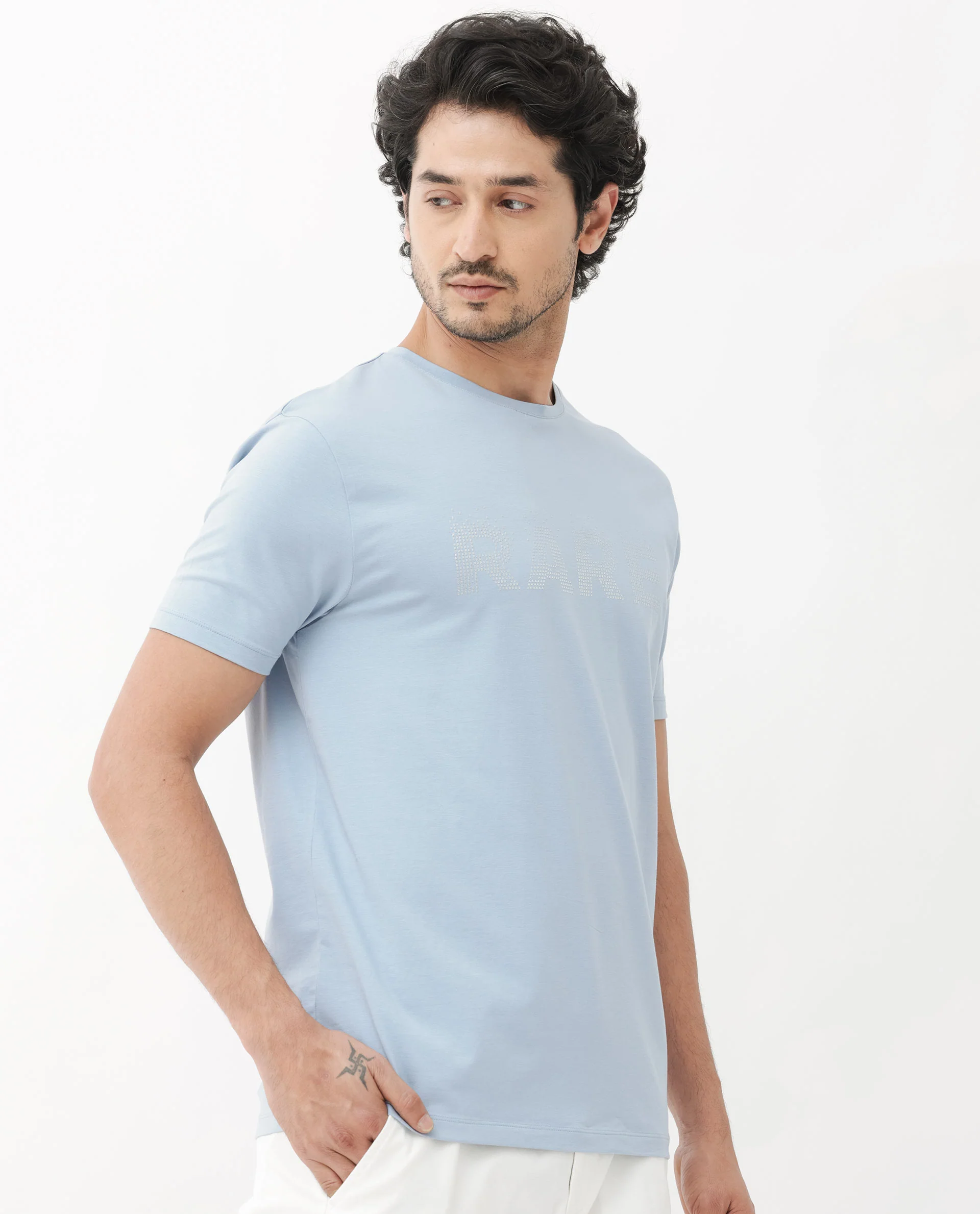 Rare Rabbit Men's Eso Light Blue Cotton Blend Graphic Print Regular Fit Half Sleeve Crew Neck T-Shirt - Image 6