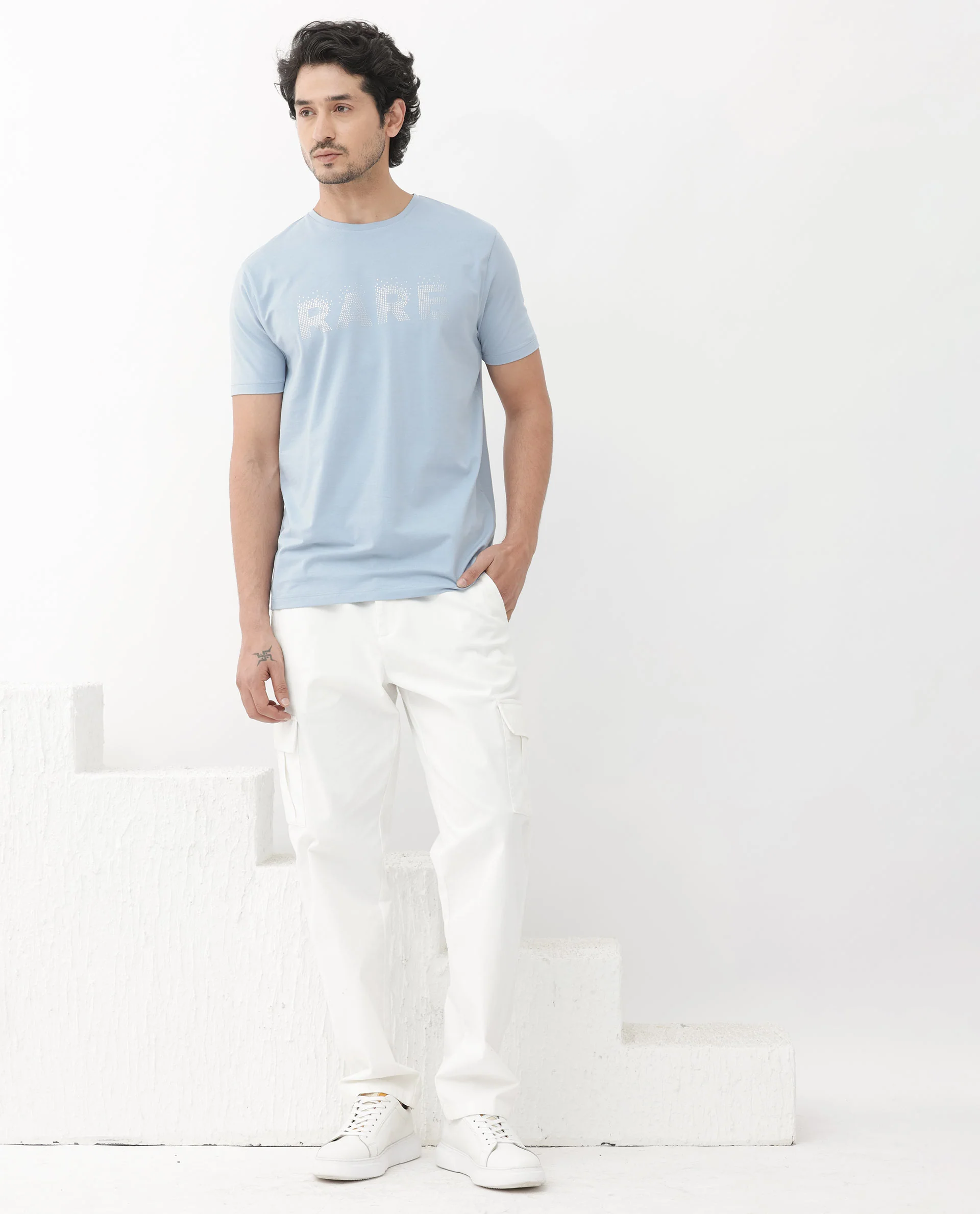 Rare Rabbit Men's Eso Light Blue Cotton Blend Graphic Print Regular Fit Half Sleeve Crew Neck T-Shirt - Image 9
