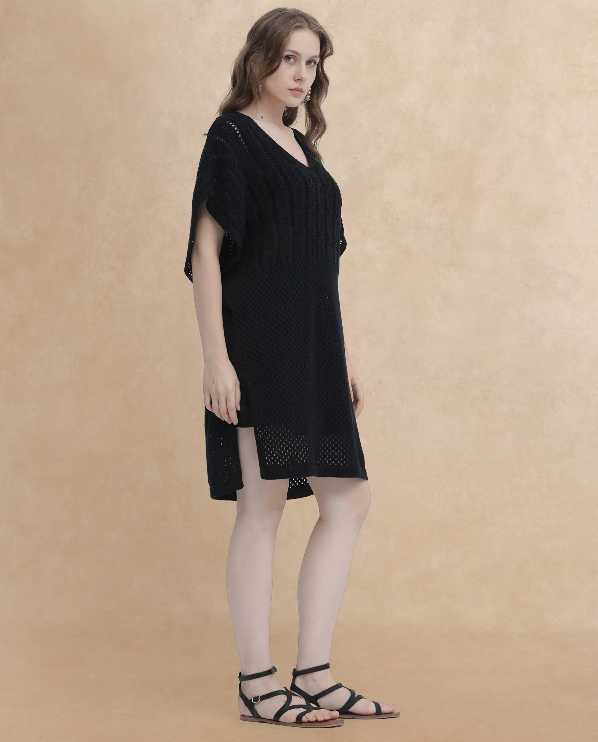 Rareism Women's Espantiago Black Cotton V-Neck Plain Extended Sleeves Knee Length Relaxed Fit Dress - Image 10