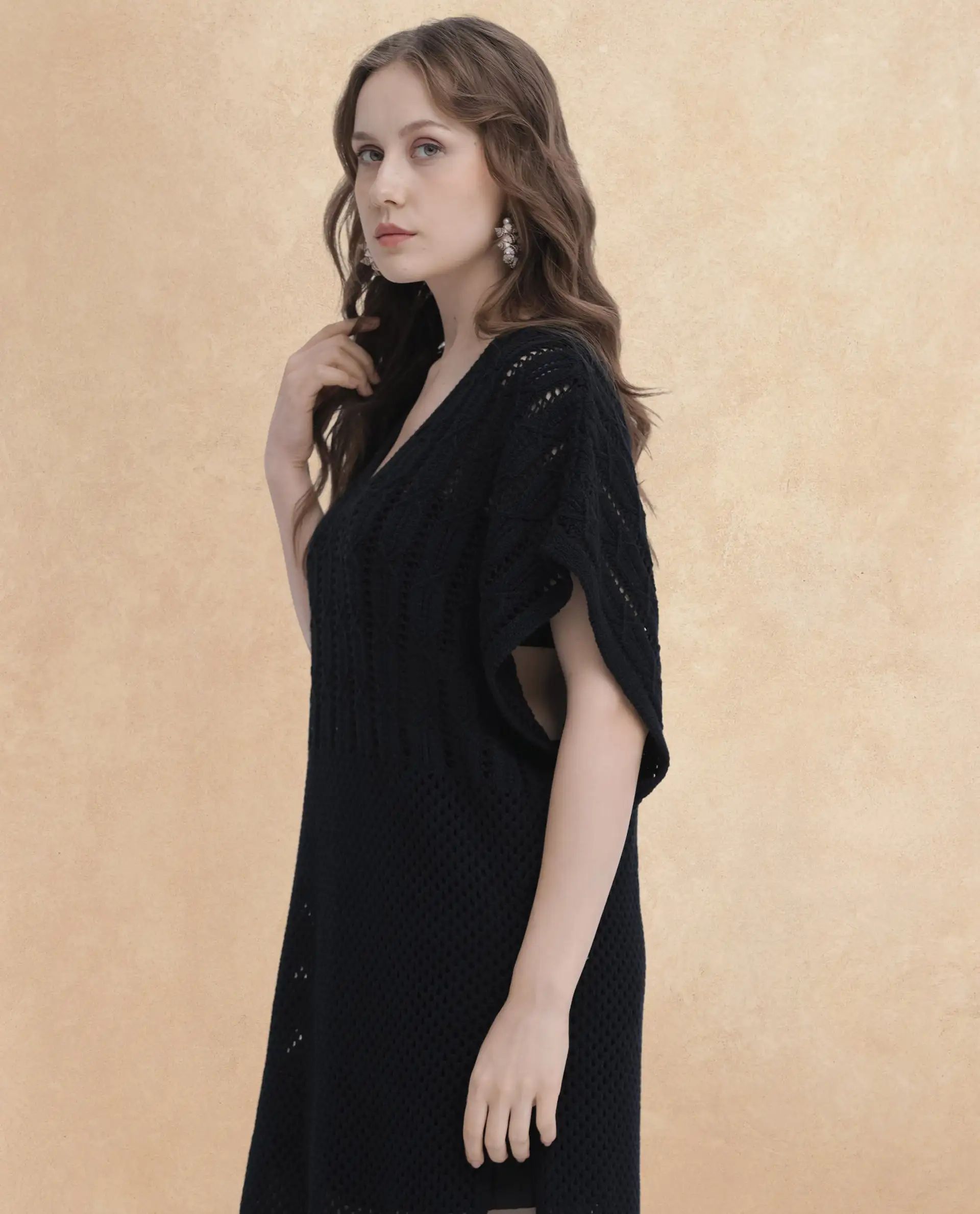 Rareism Women's Espantiago Black Cotton V-Neck Plain Extended Sleeves Knee Length Relaxed Fit Dress - Image 11