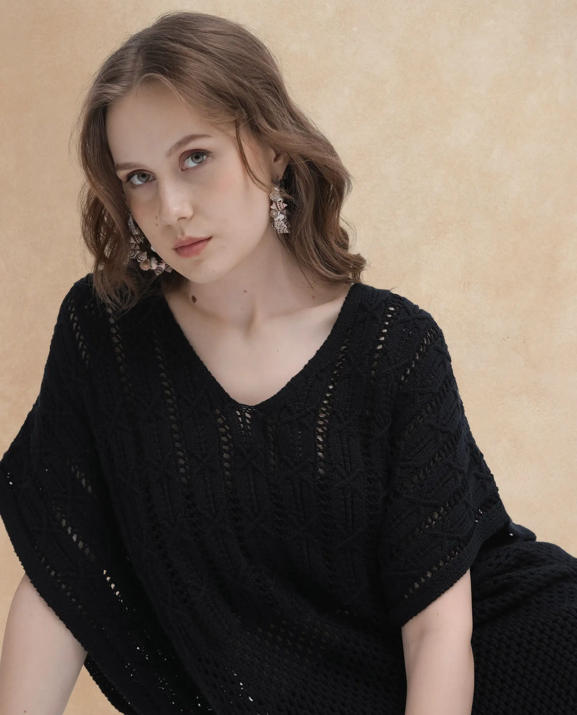 Rareism Women's Espantiago Black Cotton V-Neck Plain Extended Sleeves Knee Length Relaxed Fit Dress - Image 4