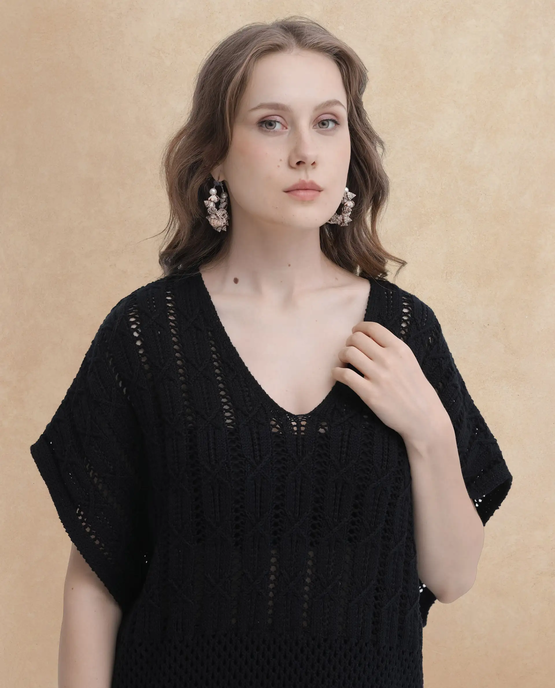 Rareism Women's Espantiago Black Cotton V-Neck Plain Extended Sleeves Knee Length Relaxed Fit Dress - Image 5