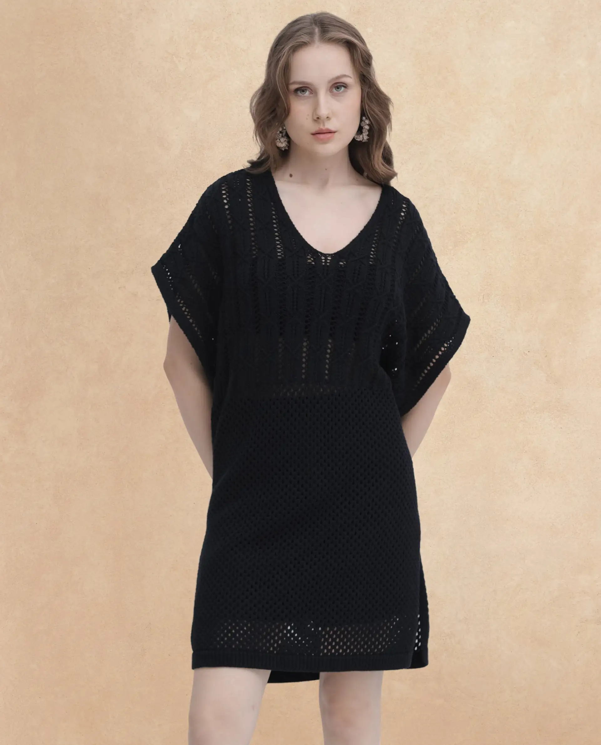 Rareism Women's Espantiago Black Cotton V-Neck Plain Extended Sleeves Knee Length Relaxed Fit Dress - Image 6
