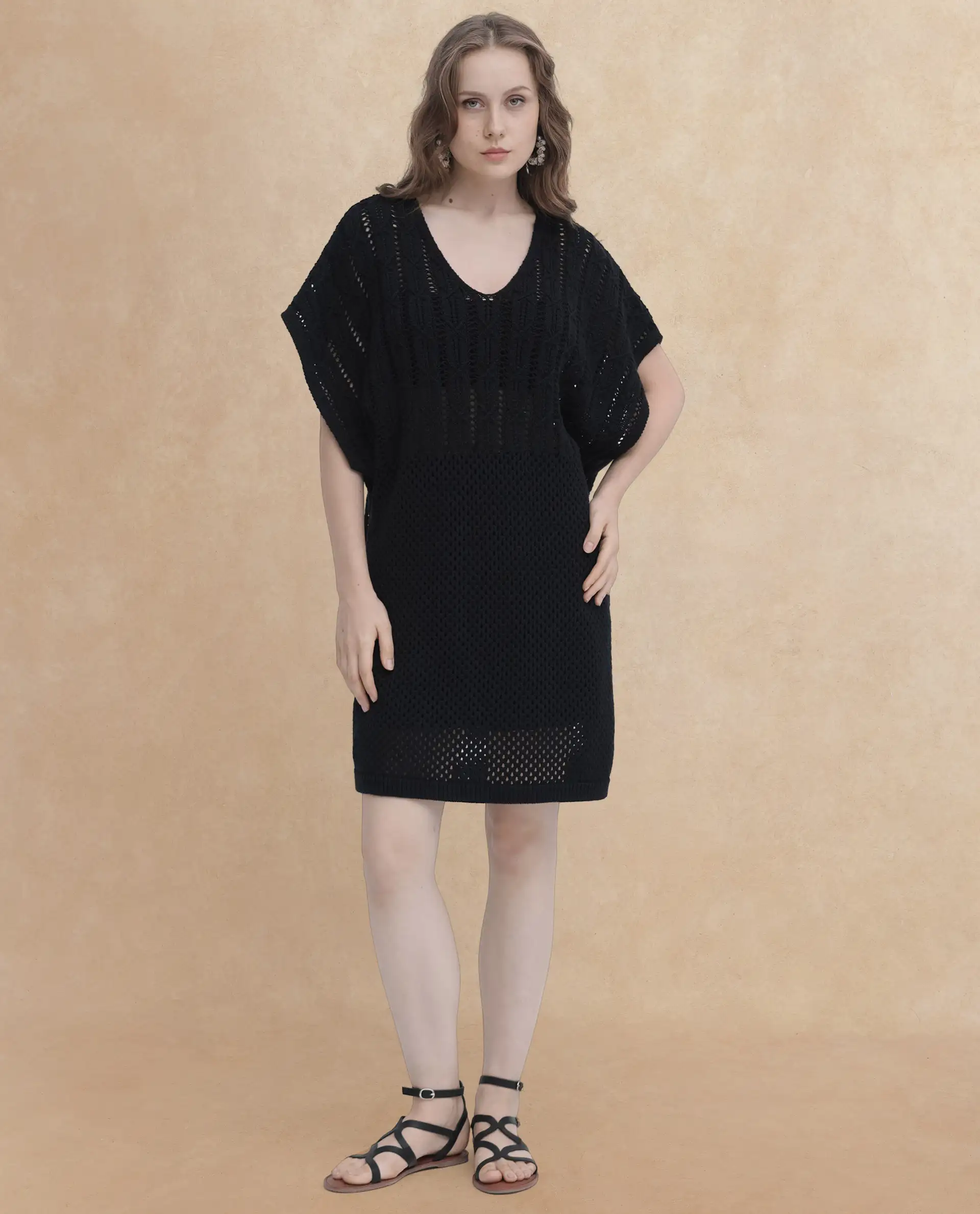 Rareism Women's Espantiago Black Cotton V-Neck Plain Extended Sleeves Knee Length Relaxed Fit Dress - Image 7