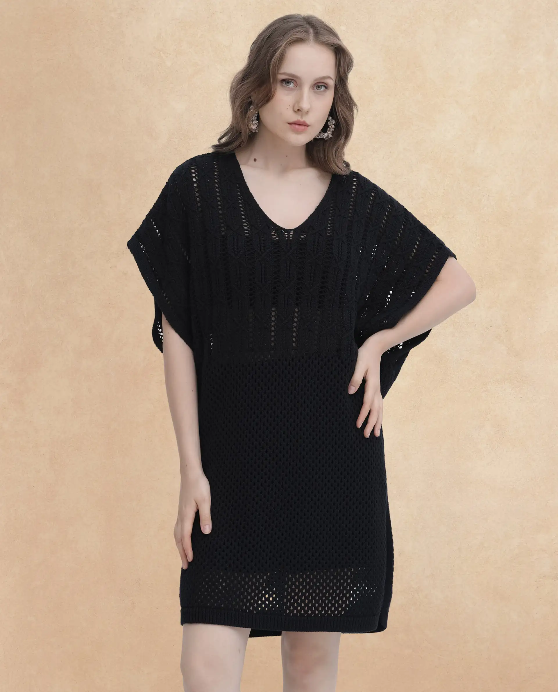 Rareism Women's Espantiago Black Cotton V-Neck Plain Extended Sleeves Knee Length Relaxed Fit Dress - Image 8