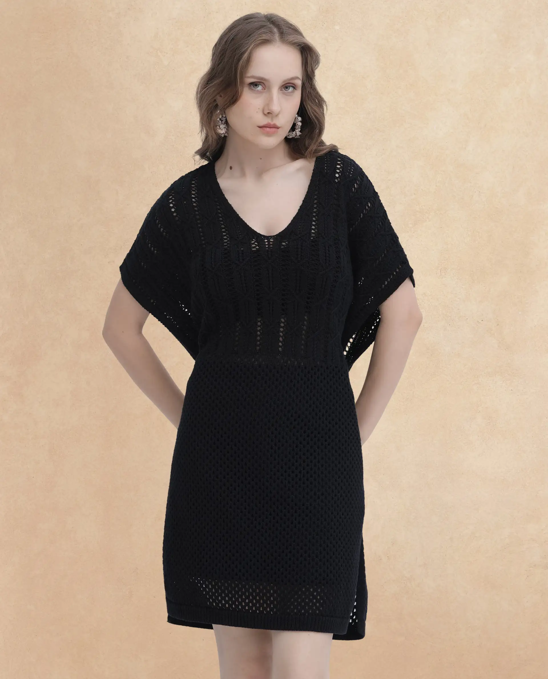 Rareism Women's Espantiago Black Cotton V-Neck Plain Extended Sleeves Knee Length Relaxed Fit Dress - Image 9