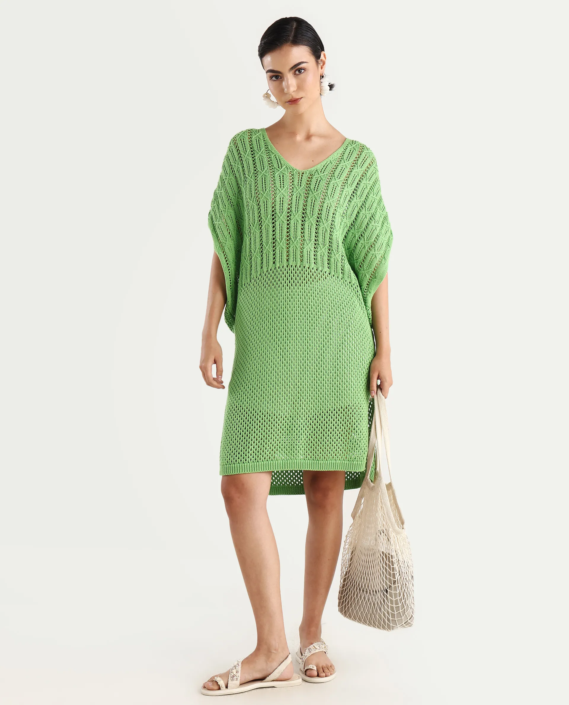 Rareism Women's Espantiago Green Cotton V-Neck Plain Extended Sleeves Knee Length Relaxed Fit Dress - Image 2