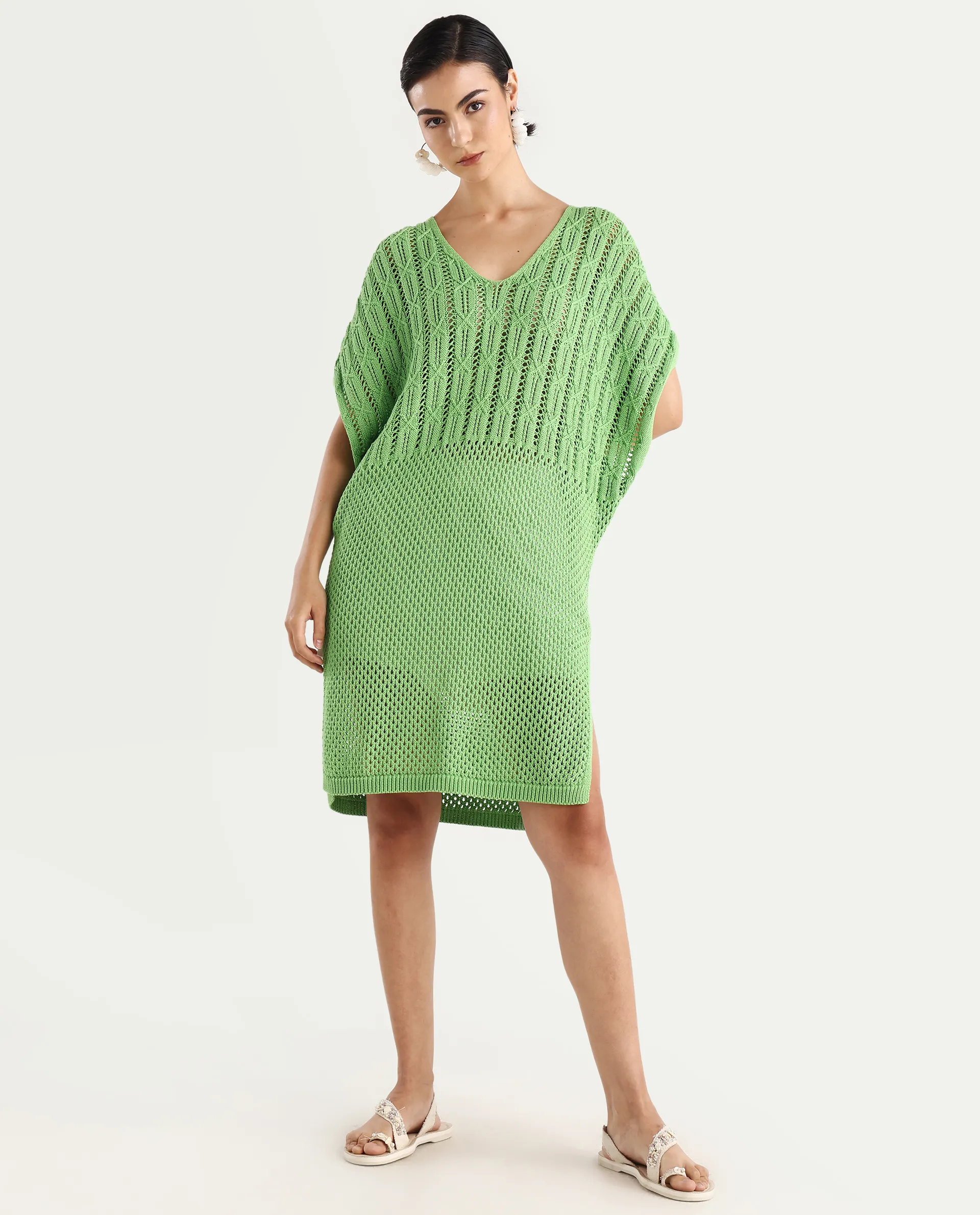 Rareism Women's Espantiago Green Cotton V-Neck Plain Extended Sleeves Knee Length Relaxed Fit Dress - Image 3