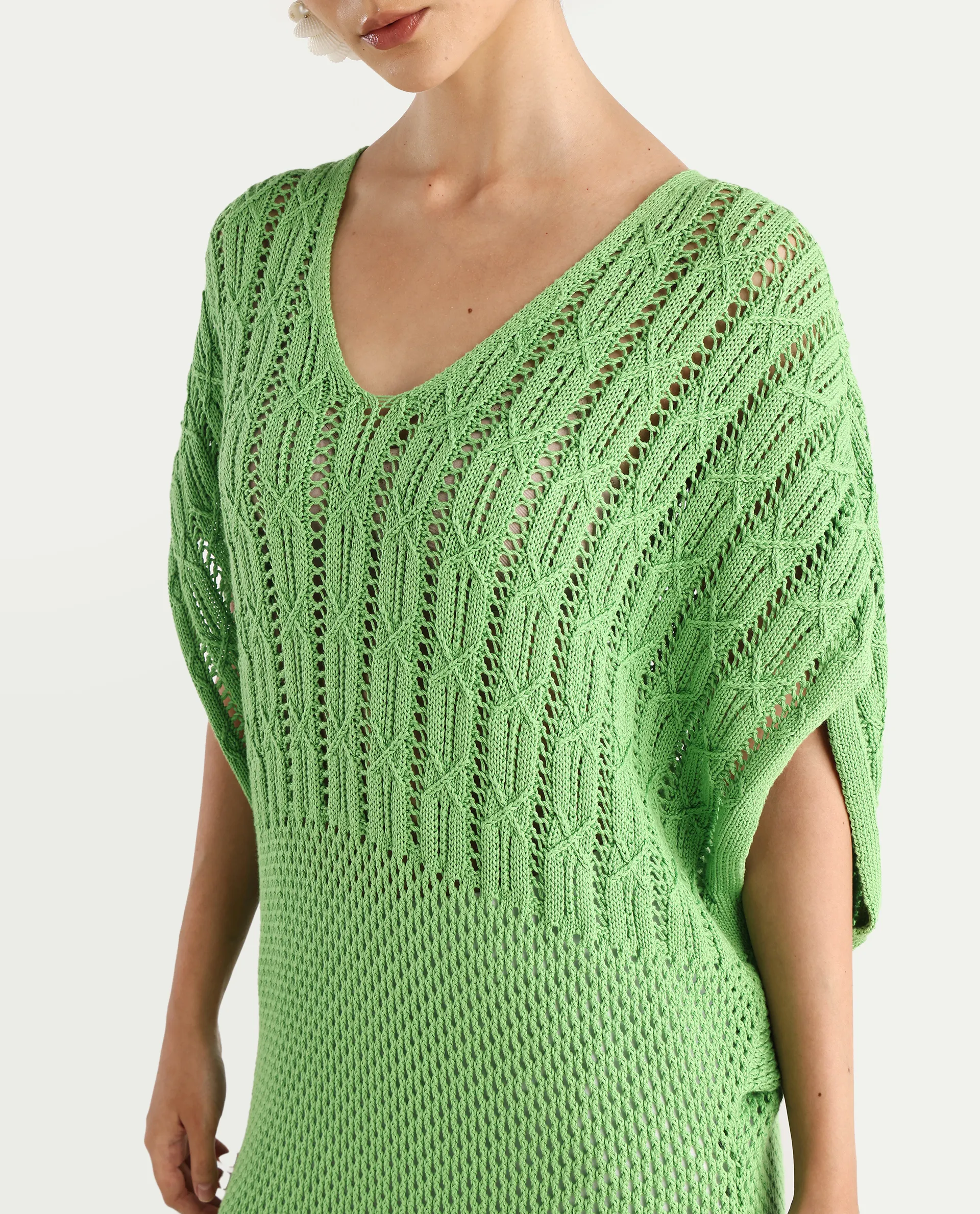 Rareism Women's Espantiago Green Cotton V-Neck Plain Extended Sleeves Knee Length Relaxed Fit Dress - Image 4