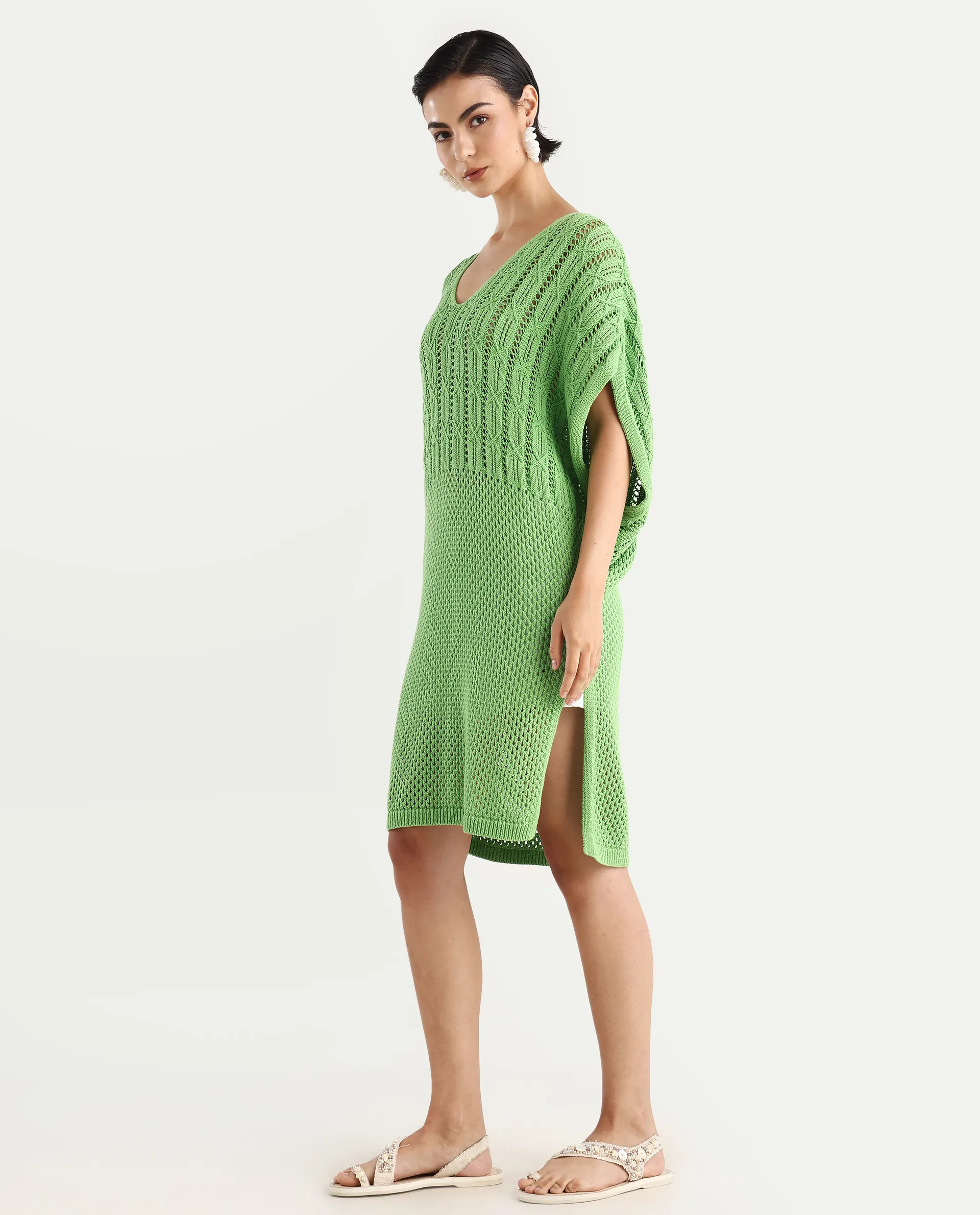 Rareism Women's Espantiago Green Cotton V-Neck Plain Extended Sleeves Knee Length Relaxed Fit Dress - Image 5