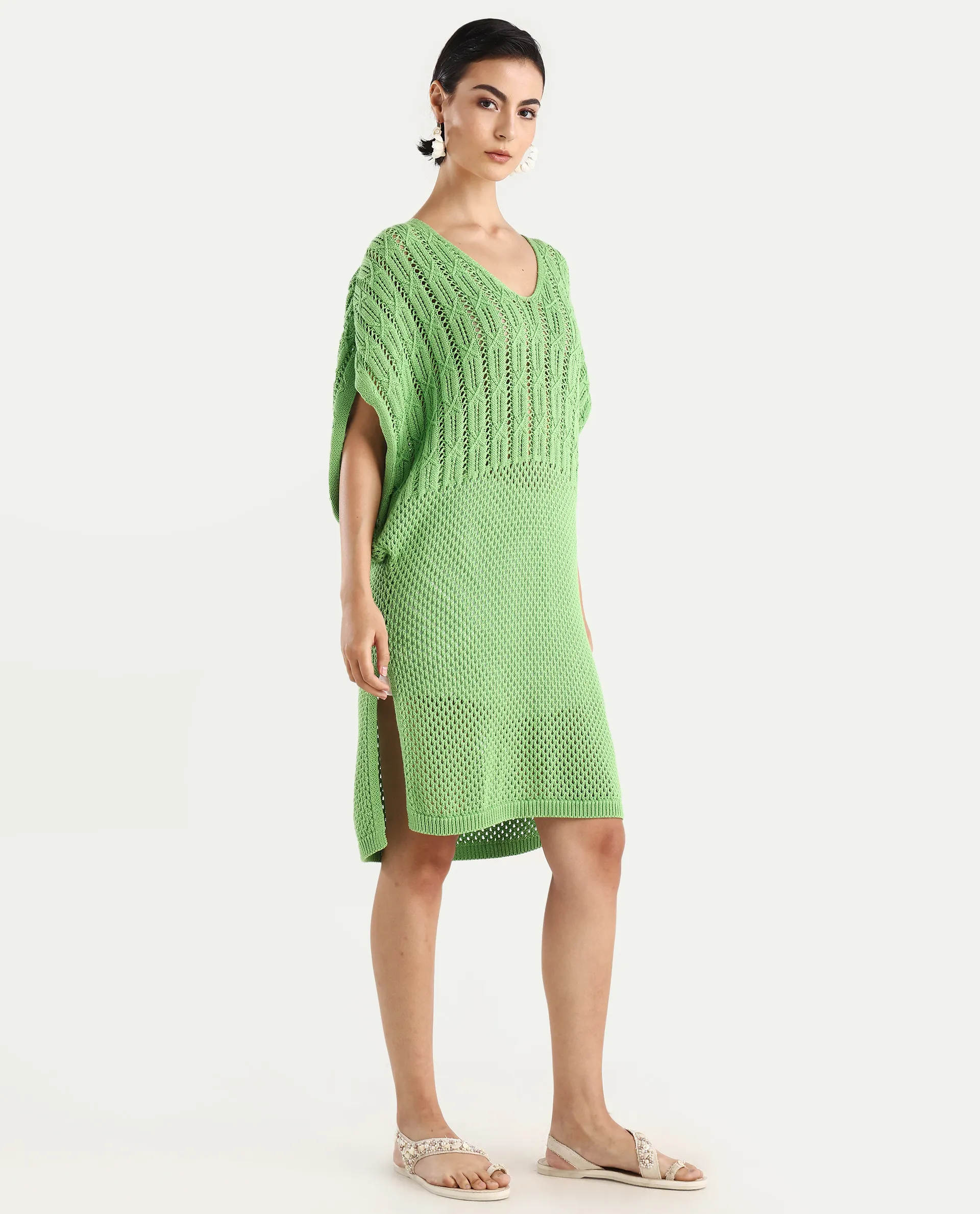 Rareism Women's Espantiago Green Cotton V-Neck Plain Extended Sleeves Knee Length Relaxed Fit Dress - Image 6