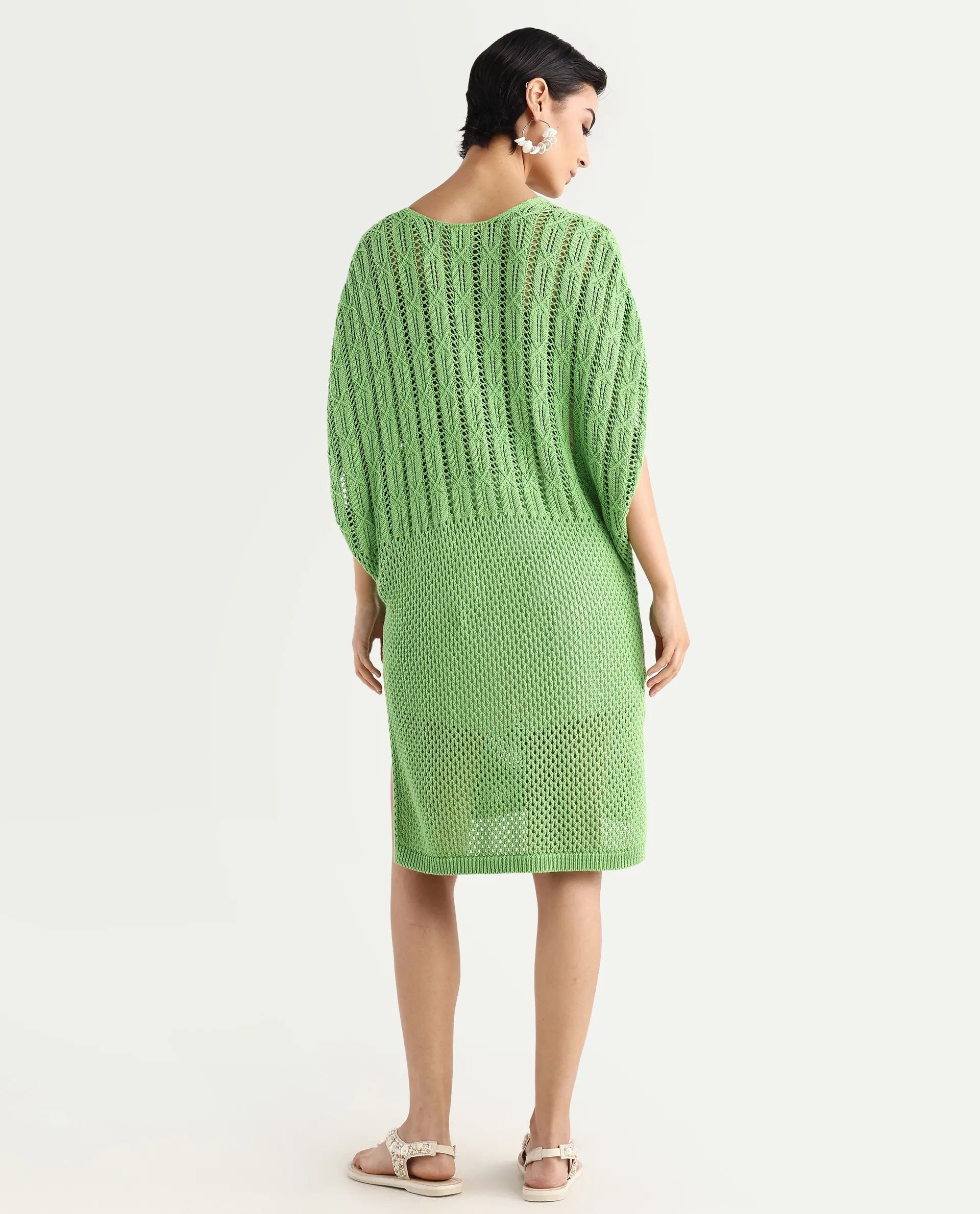 Rareism Women's Espantiago Green Cotton V-Neck Plain Extended Sleeves Knee Length Relaxed Fit Dress - Image 7
