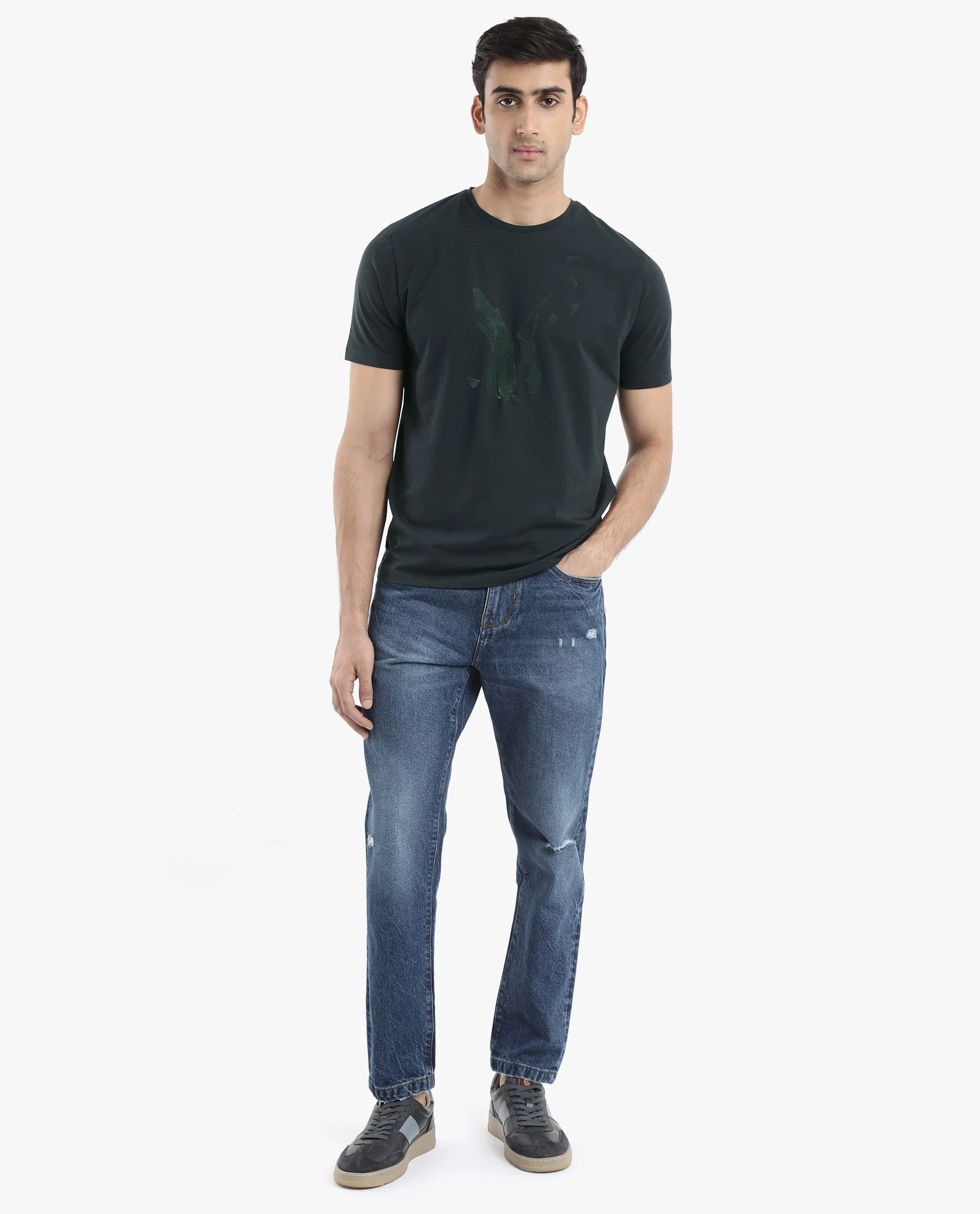 Rare Rabbit Men's Esse Dark Green Cotton Graphic Print Regular Fit Half Sleeve Crew Neck T-Shirt - Image 2