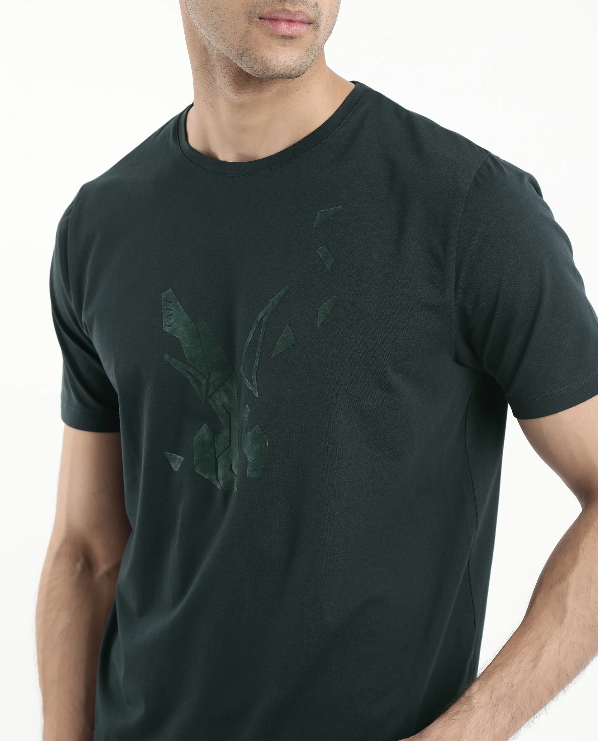 Rare Rabbit Men's Esse Dark Green Cotton Graphic Print Regular Fit Half Sleeve Crew Neck T-Shirt - Image 3