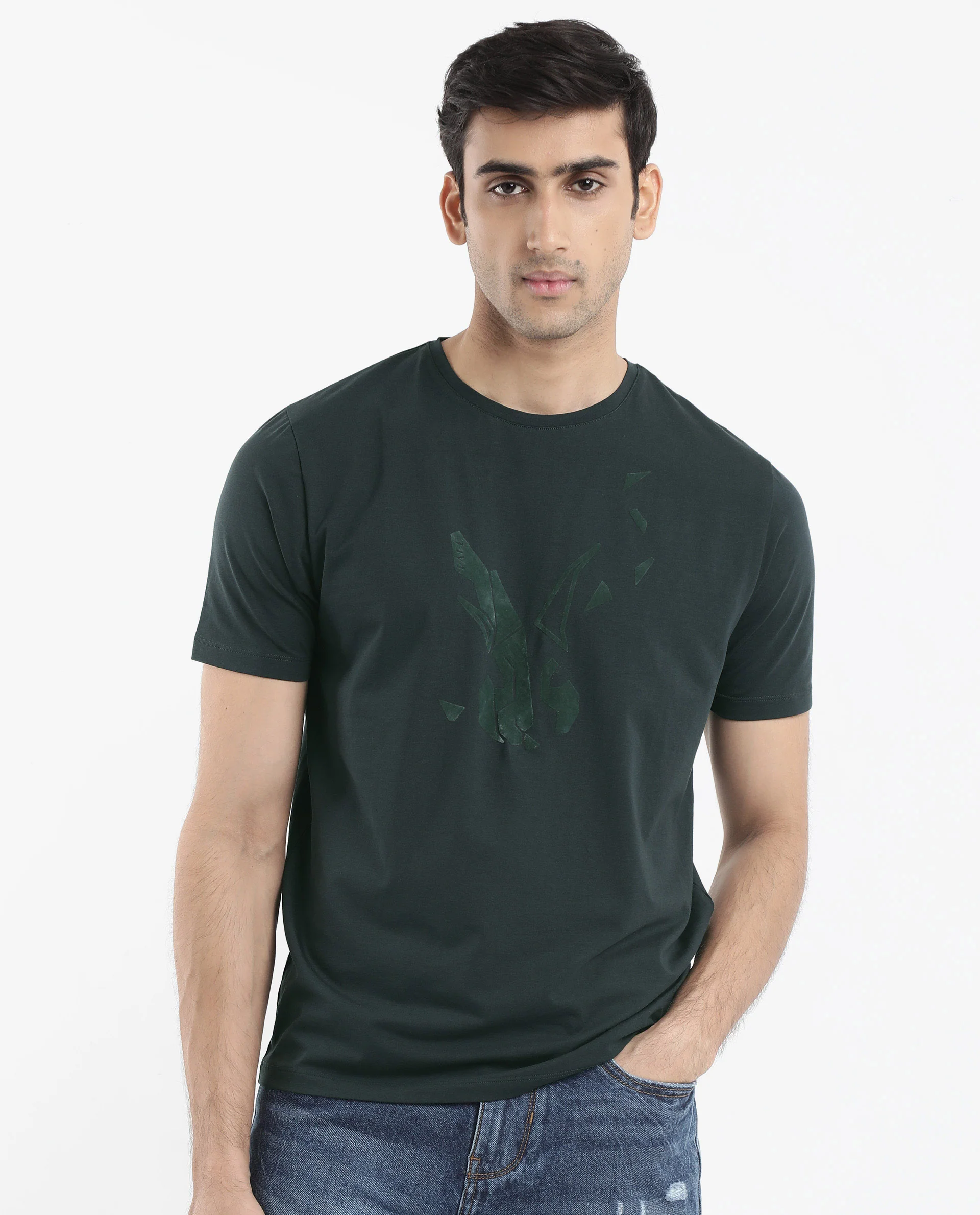Rare Rabbit Men's Esse Dark Green Cotton Graphic Print Regular Fit Half Sleeve Crew Neck T-Shirt - Image 4