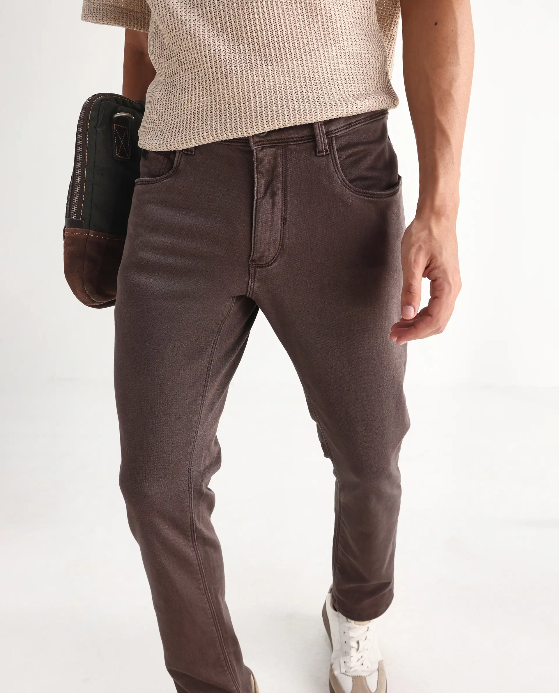 Rare Rabbit Men's Essen Dark Brown Cotton Plain Hawk Slim Fit Jeans - Image 2