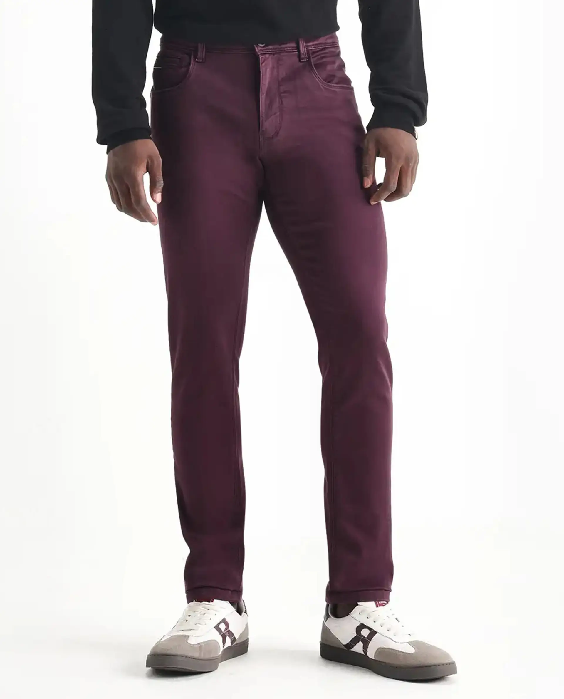 Rare Rabbit Men's Essen Dark Maroon Cotton Plain Hawk Slim Fit Jeans - Image 10