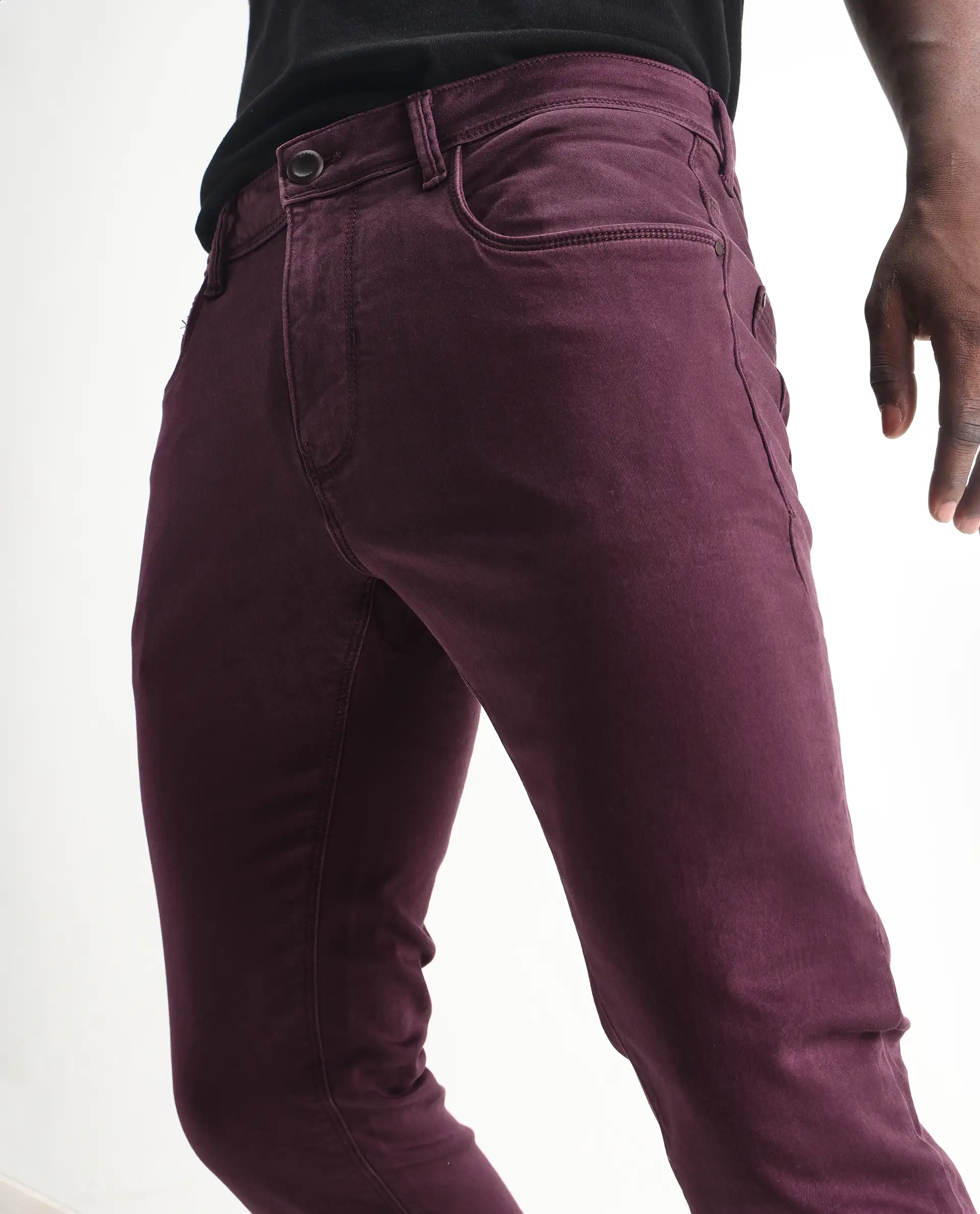 Rare Rabbit Men's Essen Dark Maroon Cotton Plain Hawk Slim Fit Jeans - Image 2