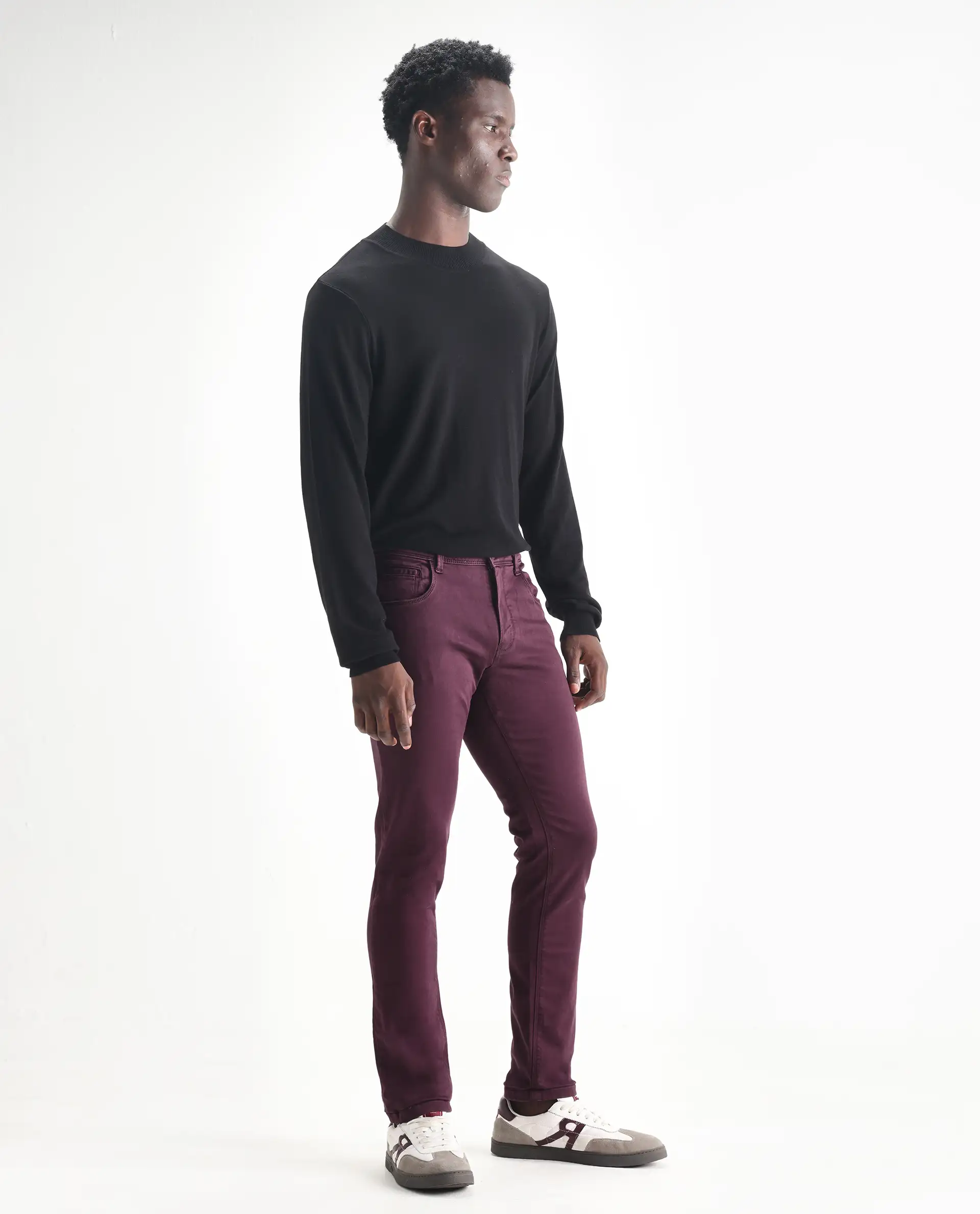 Rare Rabbit Men's Essen Dark Maroon Cotton Plain Hawk Slim Fit Jeans - Image 3