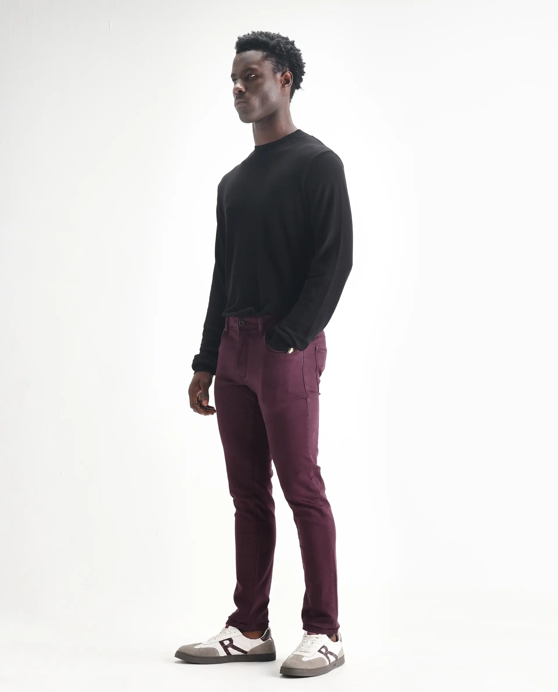 Rare Rabbit Men's Essen Dark Maroon Cotton Plain Hawk Slim Fit Jeans - Image 5