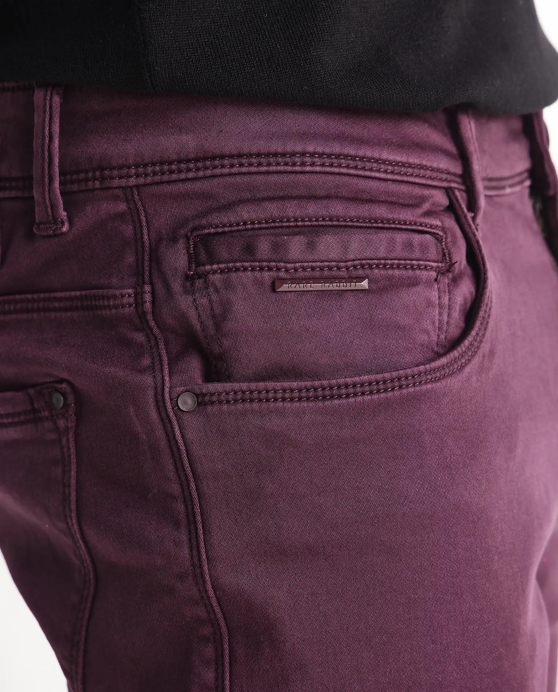 Rare Rabbit Men's Essen Dark Maroon Cotton Plain Hawk Slim Fit Jeans - Image 6